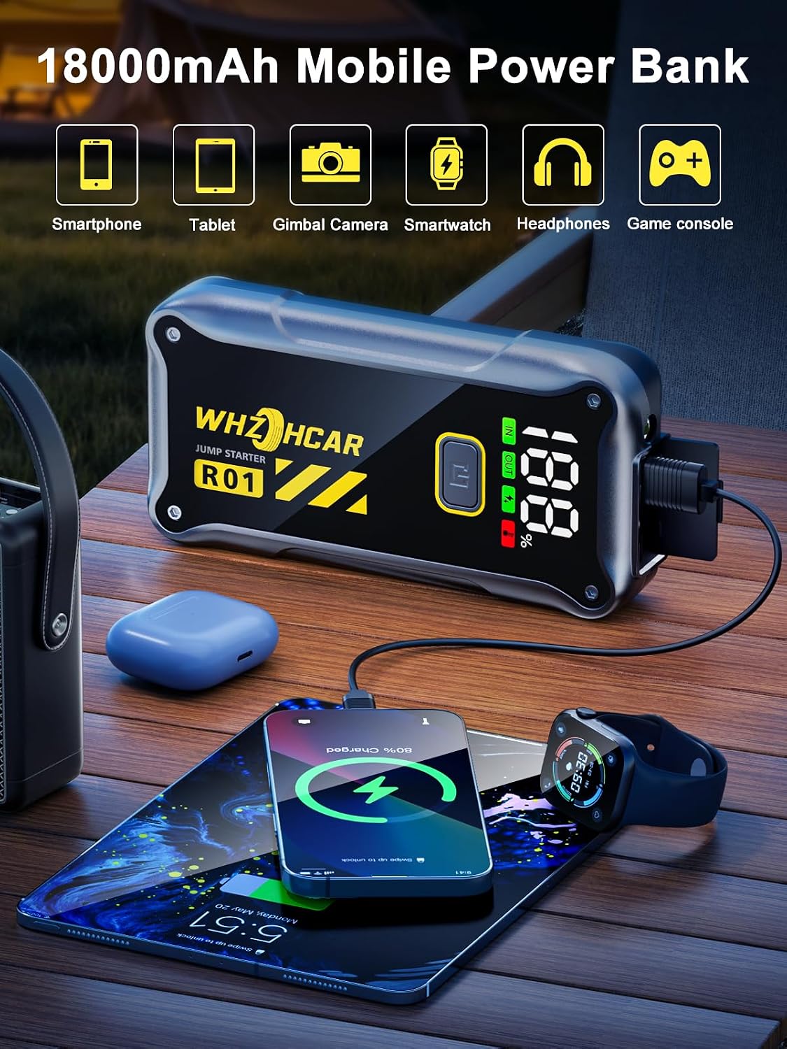 Detalle de Starthilfe Powerbank 4000A Tragbare Auto-Starthilfe 12V mit LCD-Display & LED-Licht