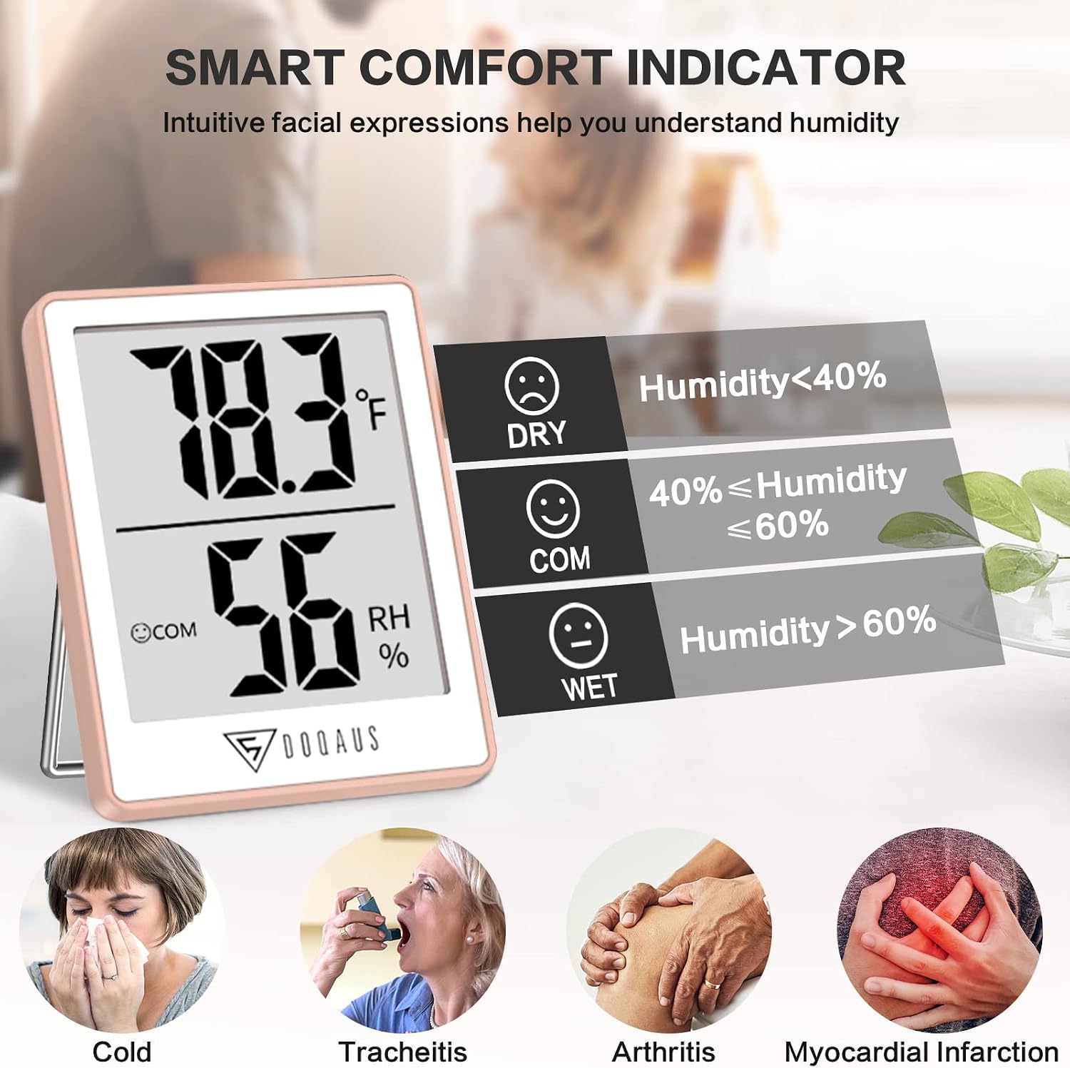 Detalle de DOQAUS US-HM1-P Pink Indoor Thermometer and Hygrometer with LCD Display