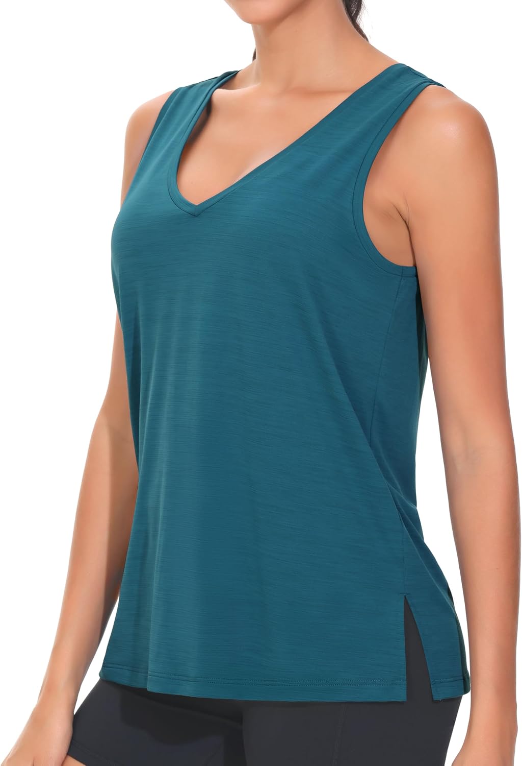 Detalle de THE GYM PEOPLE Canottiera da donna con scollo a V, spacchi laterali, asciugatura rapida