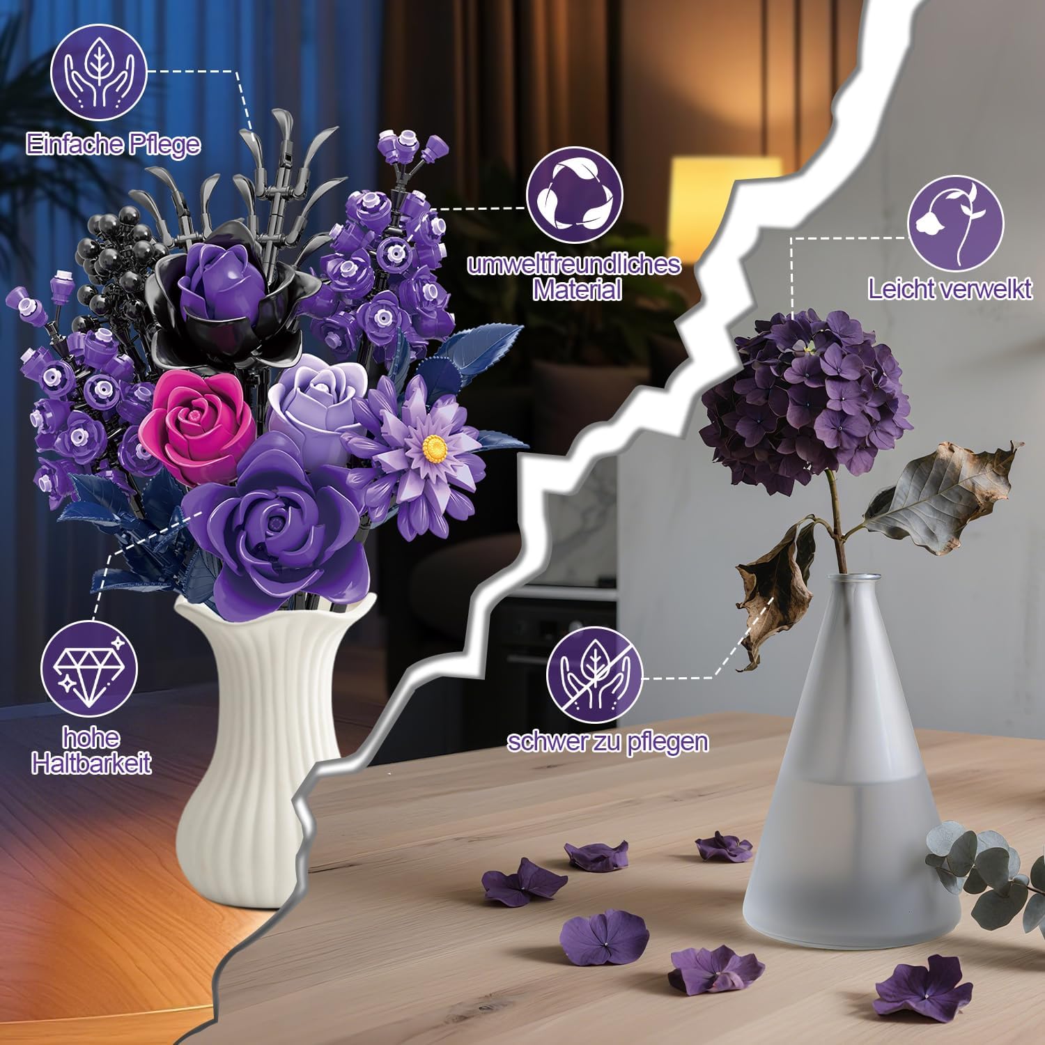Detalle 2 de PENGBU RC Lila Rosen Blumenstrauß Klemmbausteine – 822-Teile Blumen-Bauspielzeugset für Erwachsene