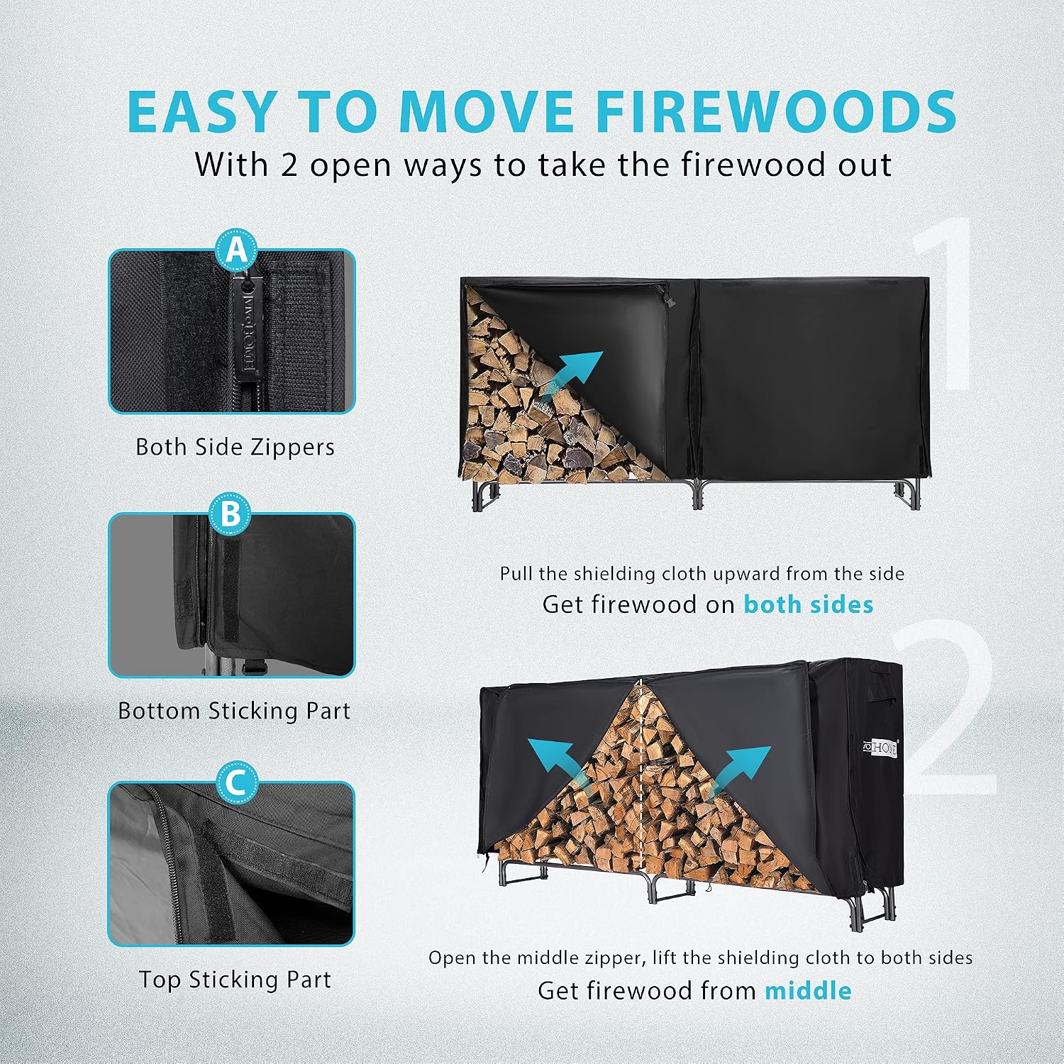 Detalle 2 de VIVOHOME VH424 8 ft Firewood Rack with Zippered Cover, Steel Frame