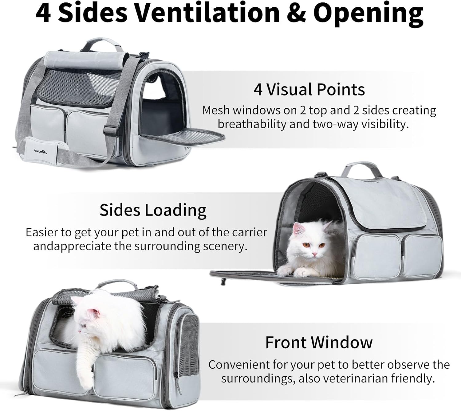 Detalle de FUKUMARU Cat Carrier: Soft-Sided Travel Bag, Airline Approved with 4 Mesh Windows