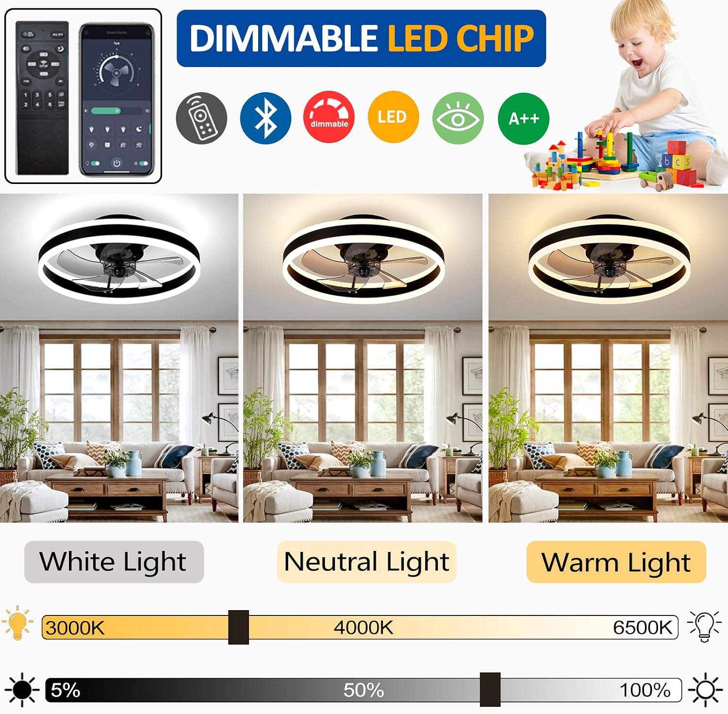 Detalle de OMGPFR LED ceiling fan 50CM with lights