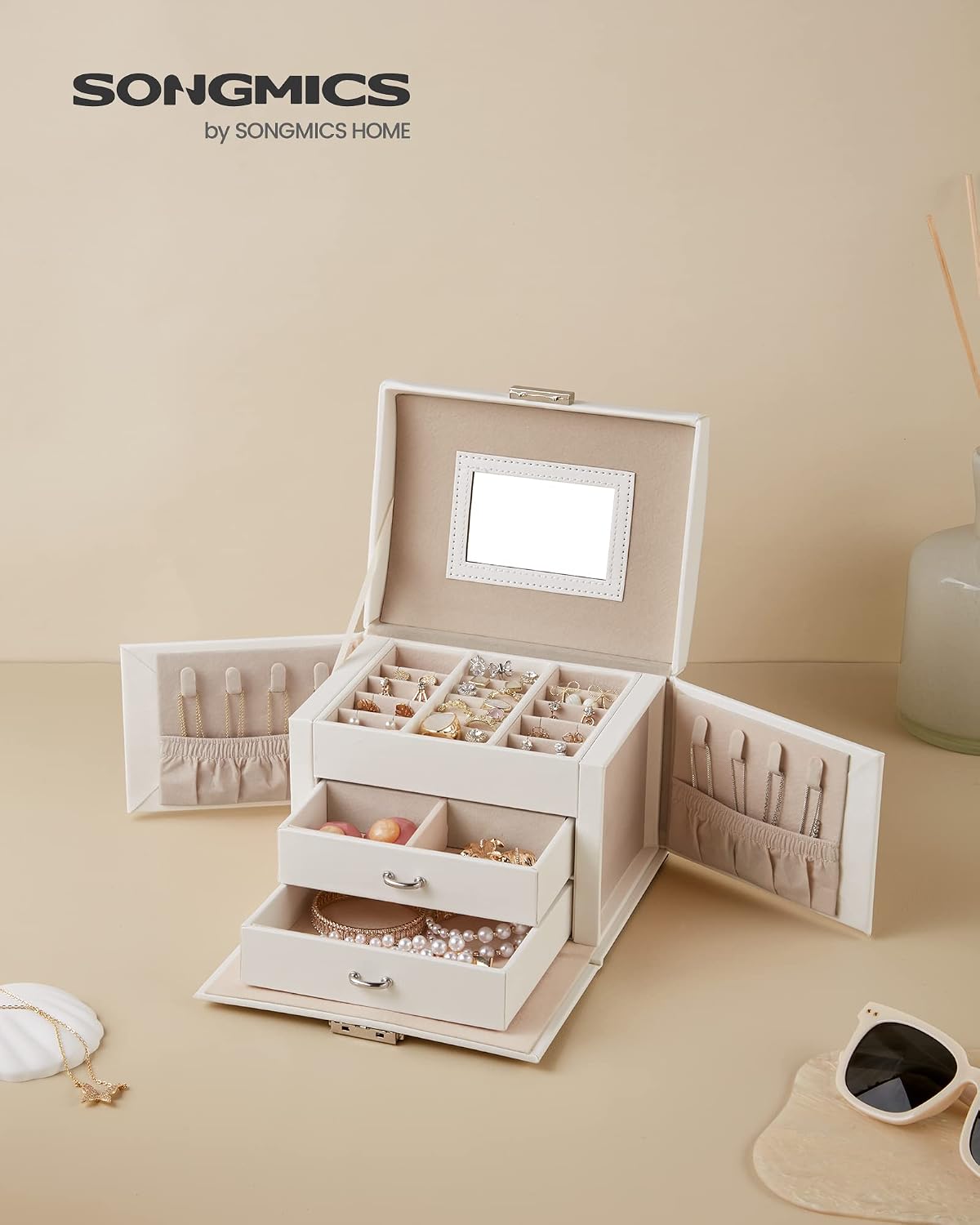 Detalle de Boîte à bijoux SONGMICS à 3 niveaux avec miroir, 2 tiroirs et serrure JBC154W01