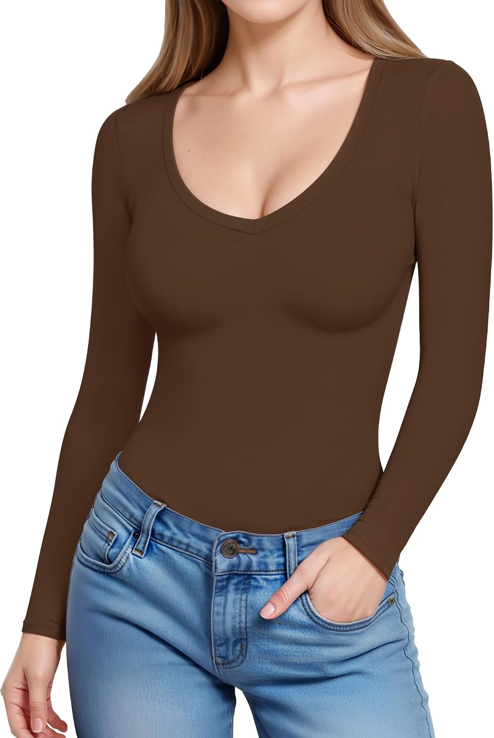 Detalle de ALGALAROUND Women's Long Sleeve V-Neck T-Shirt – Slim Fit Basic Top