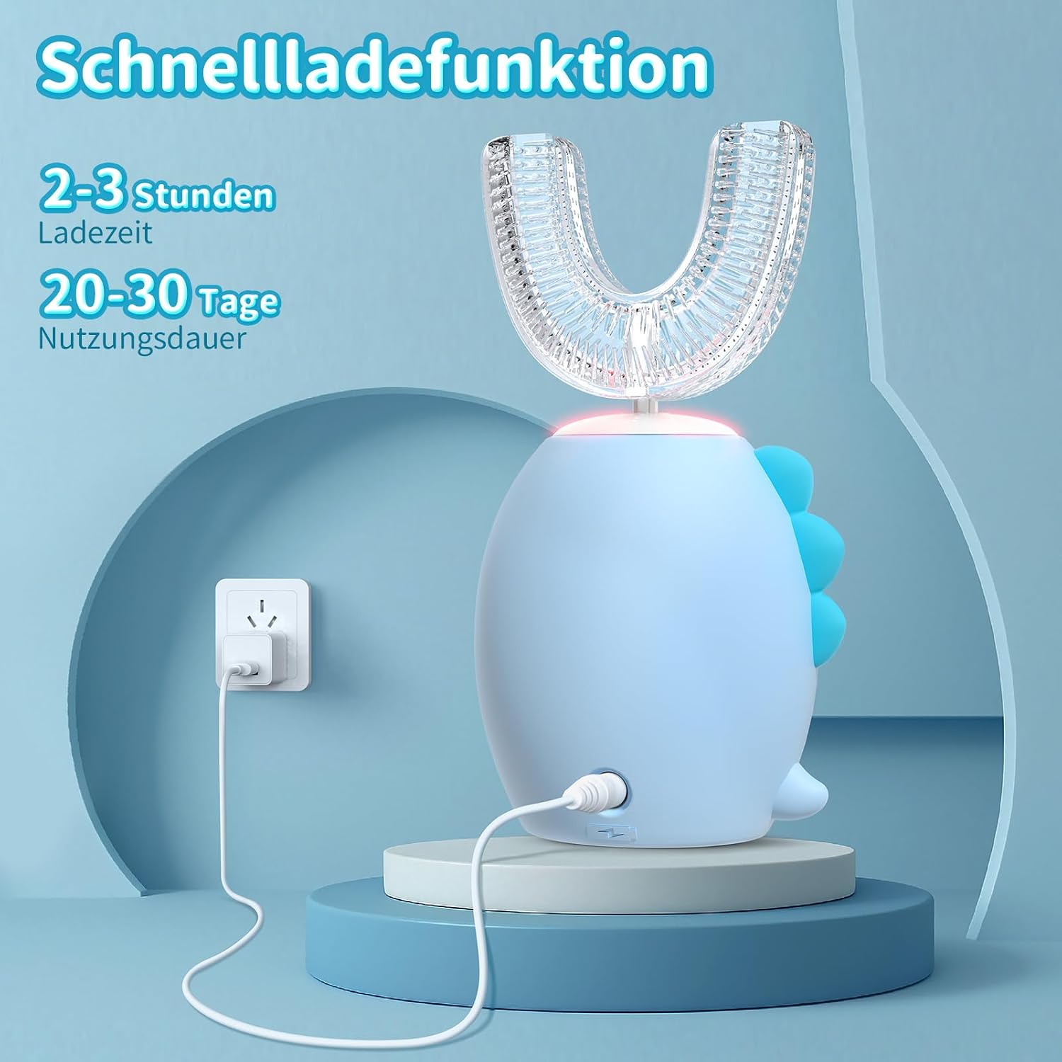 Detalle 2 de Elektrische Zahnbürste für Kinder – U-förmige Bürstenköpfe, Dino-Design, 5 Reinigungsmodi, IPX7