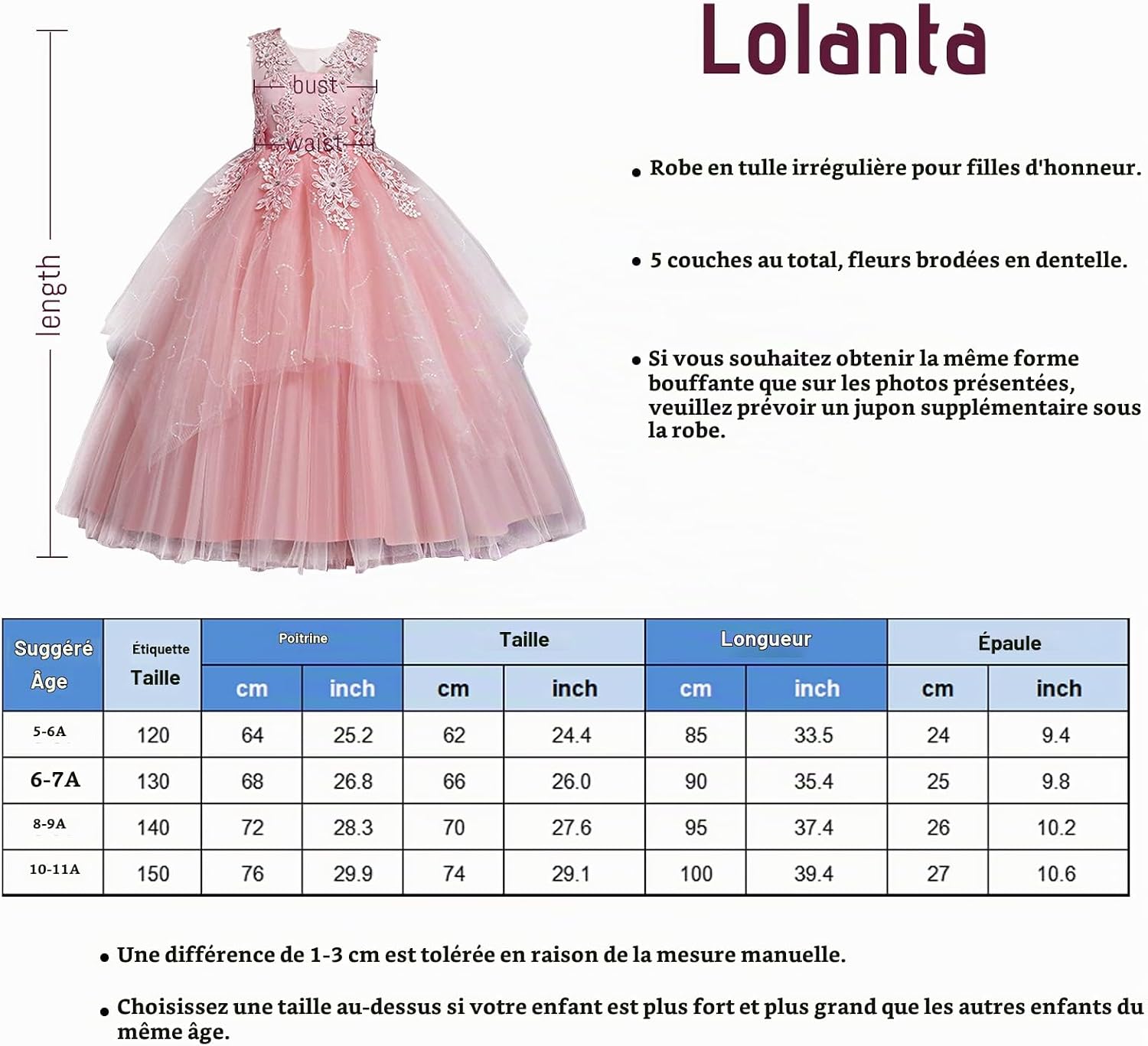 Detalle 1 de LOLANTA ceremoniële jurk voor meisjes met witte kant, tulelagen en katoenen voering