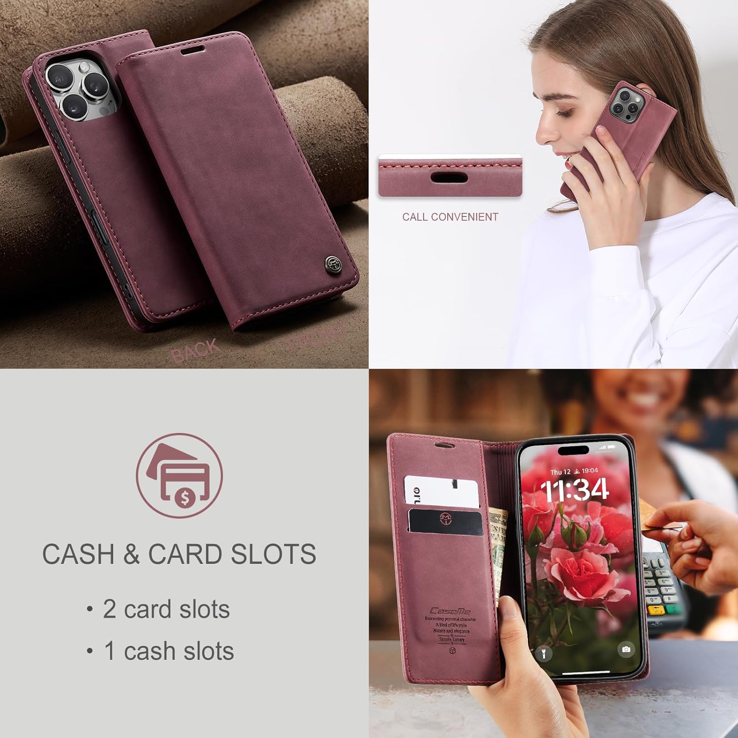 Thumbnail 3 de Monweicz Premium Leder Flip Case für iPhone 16 Pro Max – Weinrot