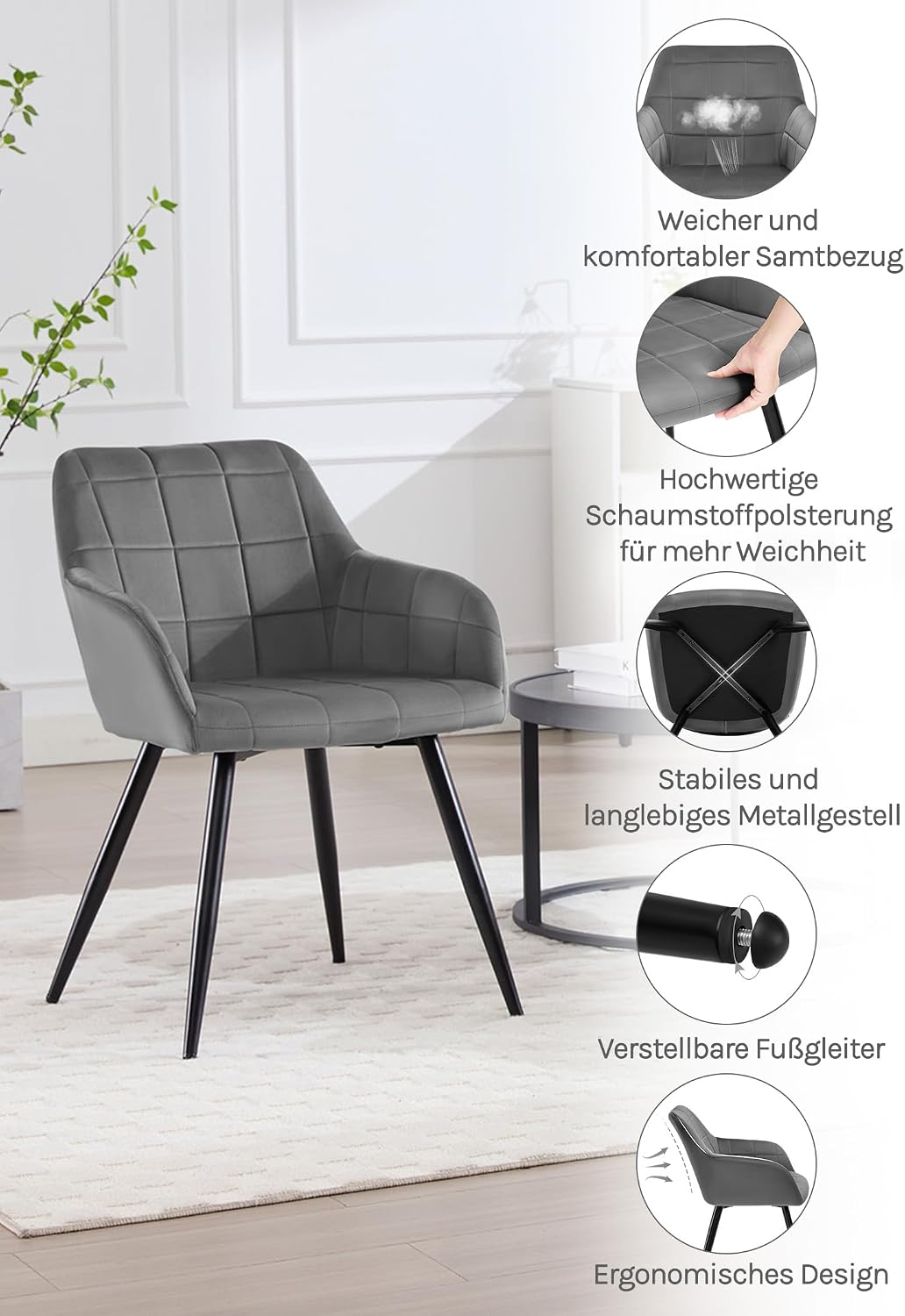 Detalle 2 de WOLTU Esszimmerstuhl-Satz 4 Dunkelgrau