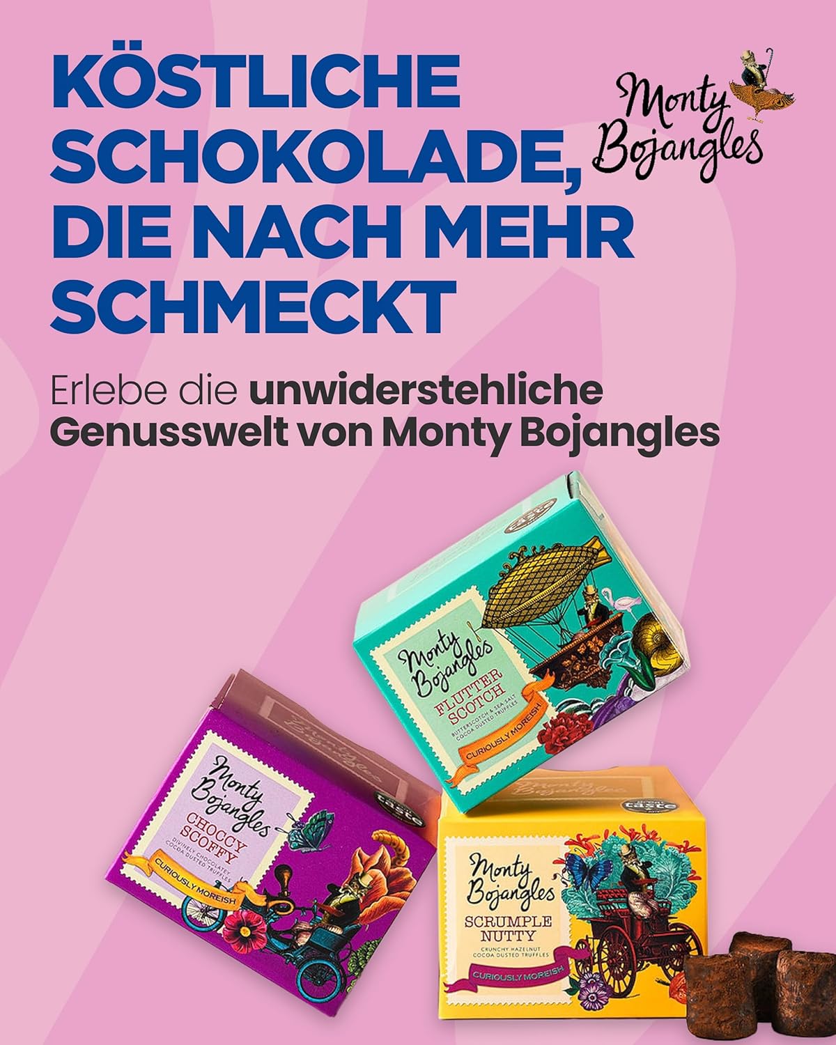 Detalle 2 de Monty Bojangles Schokoladentrüffel-Pralinenset (3×100 g) – 3 Geschmacksrichtungen, preisgekrönt