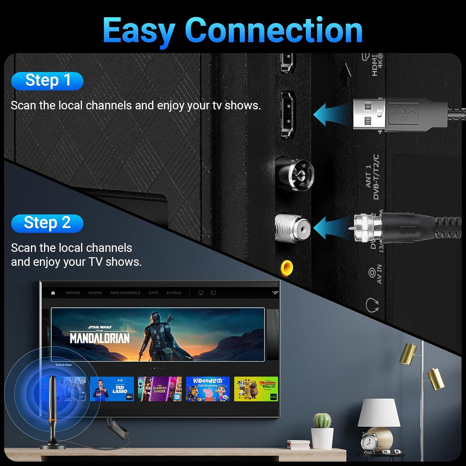 Detalle de DGUPSP Digital TV Antenna for Indoor Smart TVs – 360 Reception, 4K/1080p Ready, Magnetic Base (Orange)