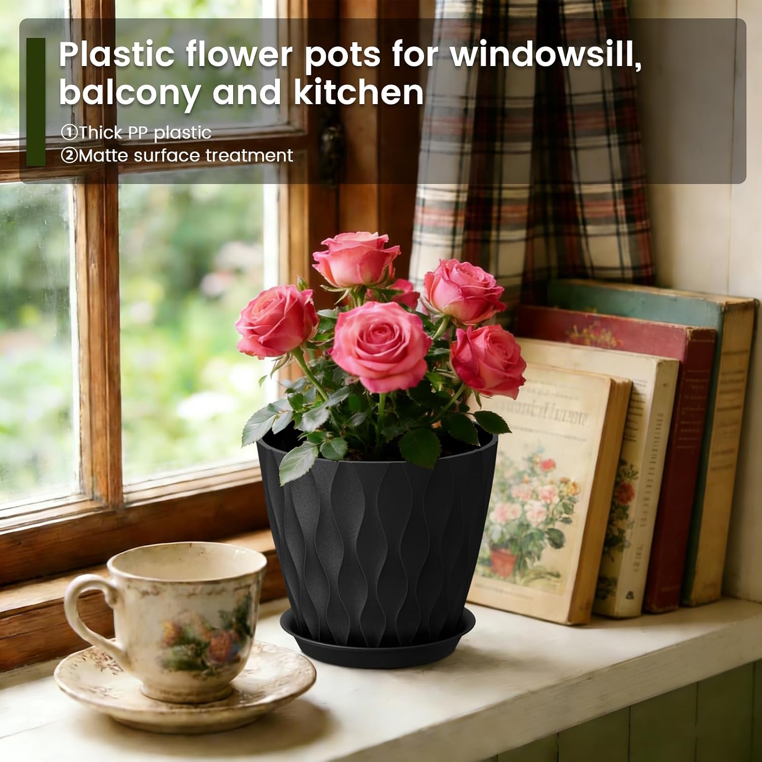 Detalle 2 de WSMKSZ 8 Pack Plant Pots Indoor with Drainage Holes & Saucers, 20/17.6/16.3/15/13.8/12.7/11.2/10.2 cm