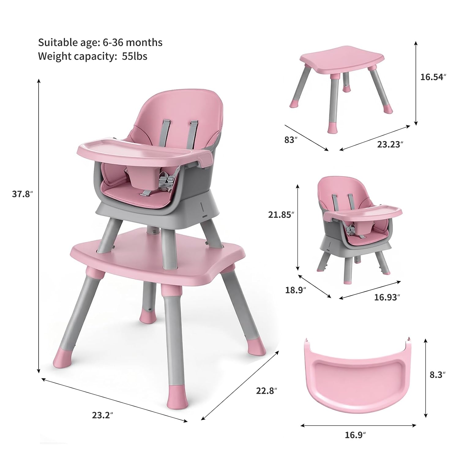 Detalle de MiniKins 7-in-1 Convertible High Chair, Pink, Removable Tray