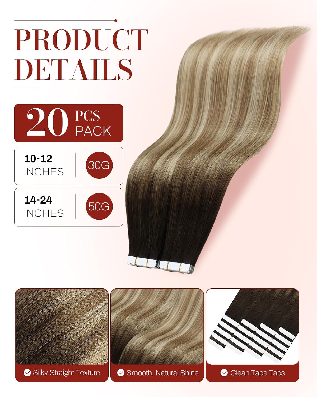 Detalle de Moresoo Tape In Human Hair 16 Inch