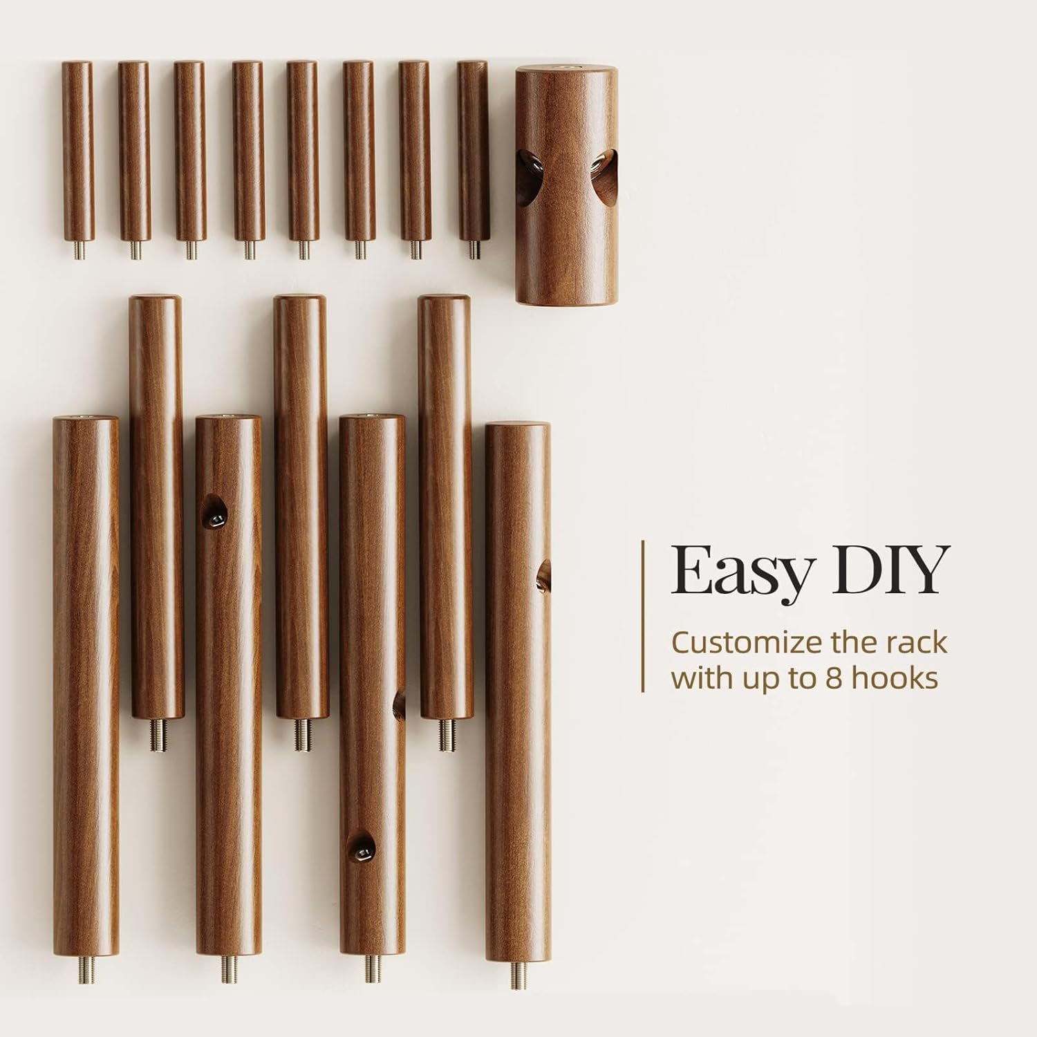 Thumbnail 5 de Pipishell porte-manteau en bois réglable avec 8 crochets (3 hauteurs) pour couloir, entrée et chambre