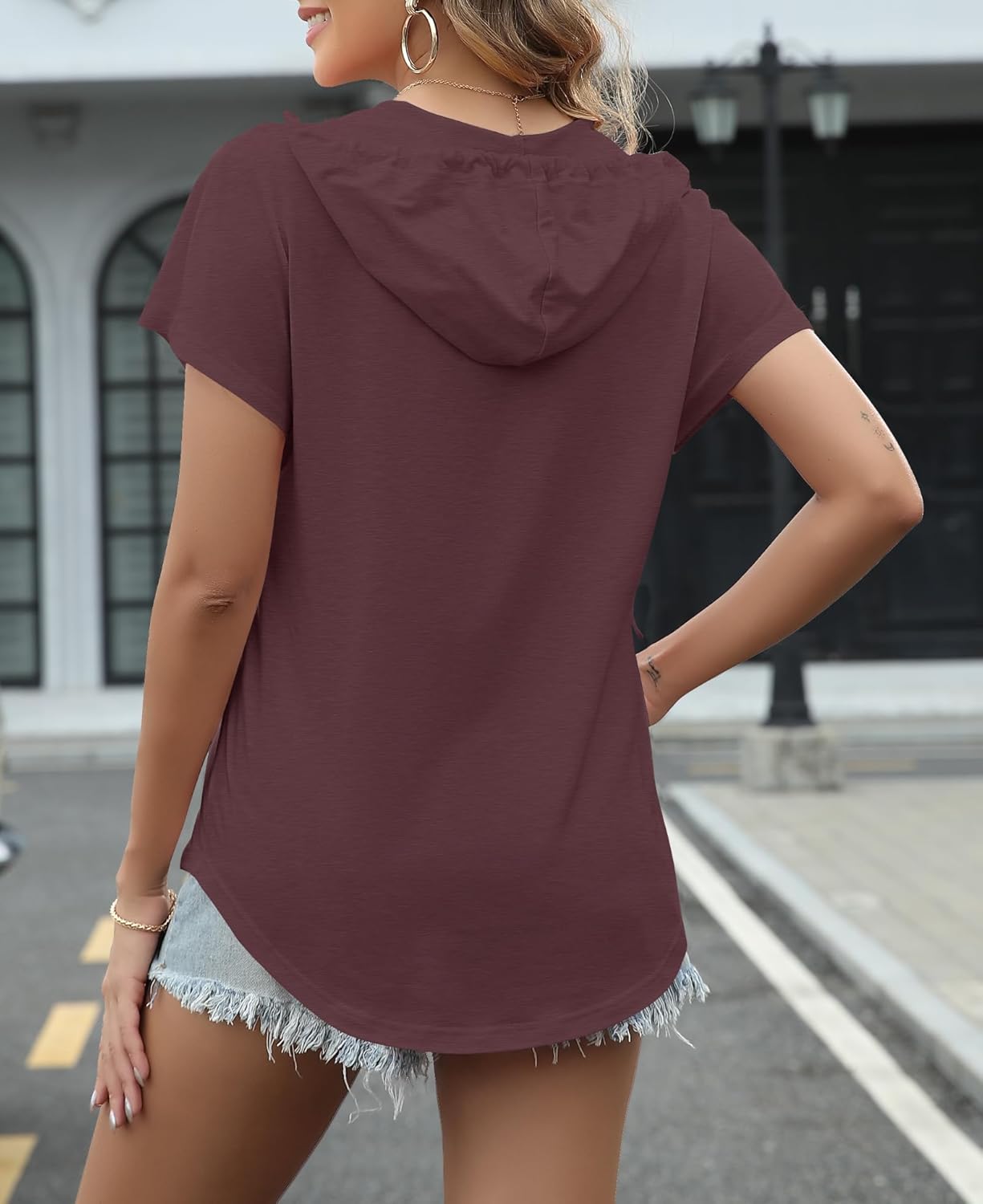 Thumbnail 3 de WNEEDU T-Shirt Donna Manica Corta con Cappuccio: felpa estiva morbida e versatile