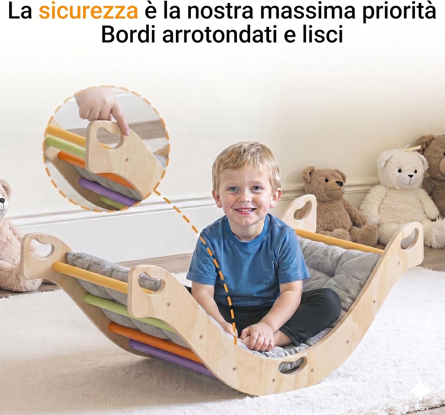 Detalle de COSYLAND Arco Montessoriano in legno naturale 4 in 1 con cuscino – Arcobaleno Classico