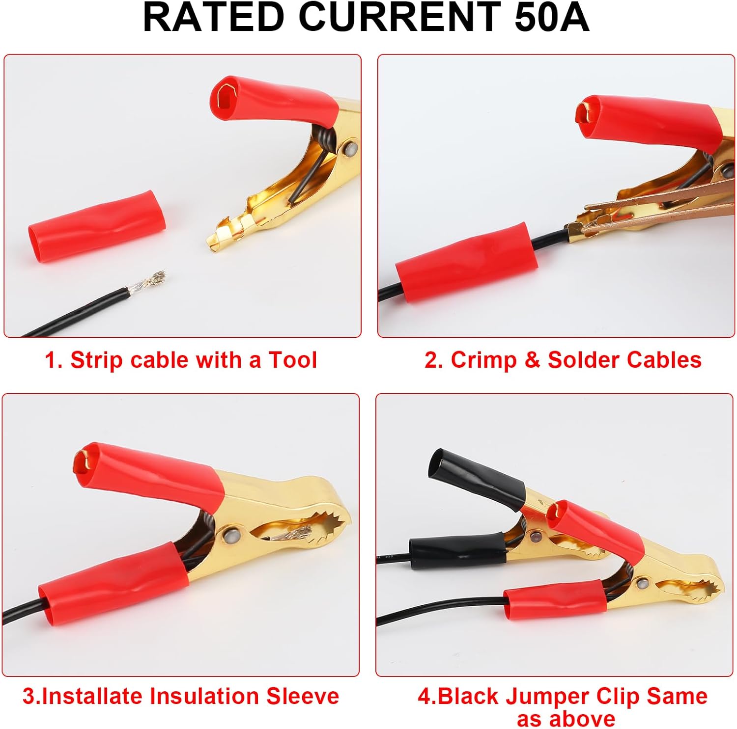 Detalle de Nadisean 8Pcs 50A Jump Lead Clamps — Heavy Duty Copper Crocodile Clips (80mm, Red & Black)
