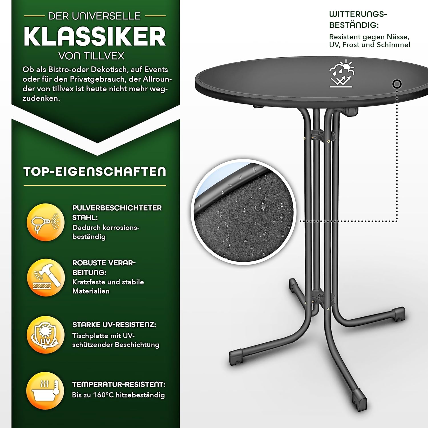 Thumbnail 2 de tillvex Gastro Stehtisch klappbar Ø70 cm – wetterfester Bistrotisch, montiert geliefert