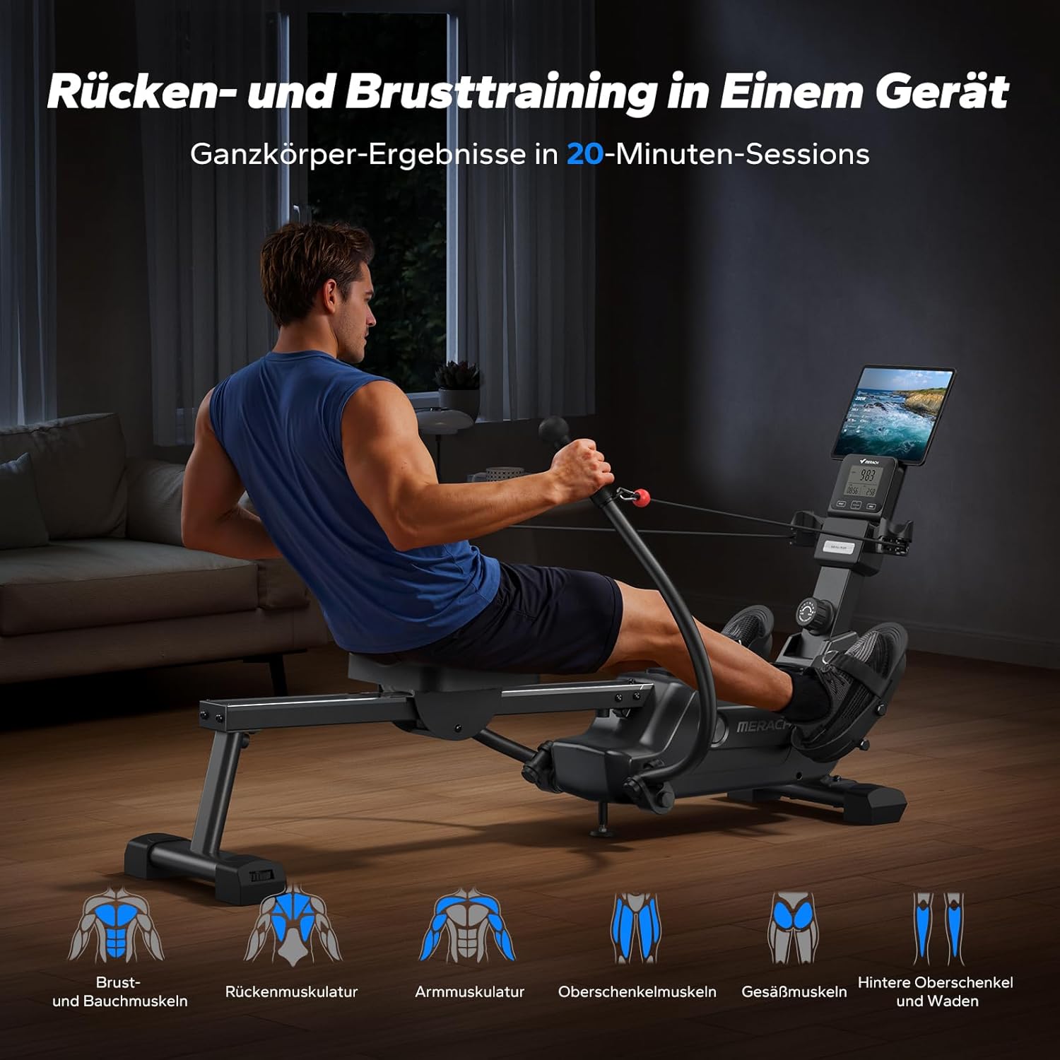 Detalle de MERACH R26 Rudergerät für Zuhause – Doppelpaddel mit mehreren Trainingsmodi & MERACH App