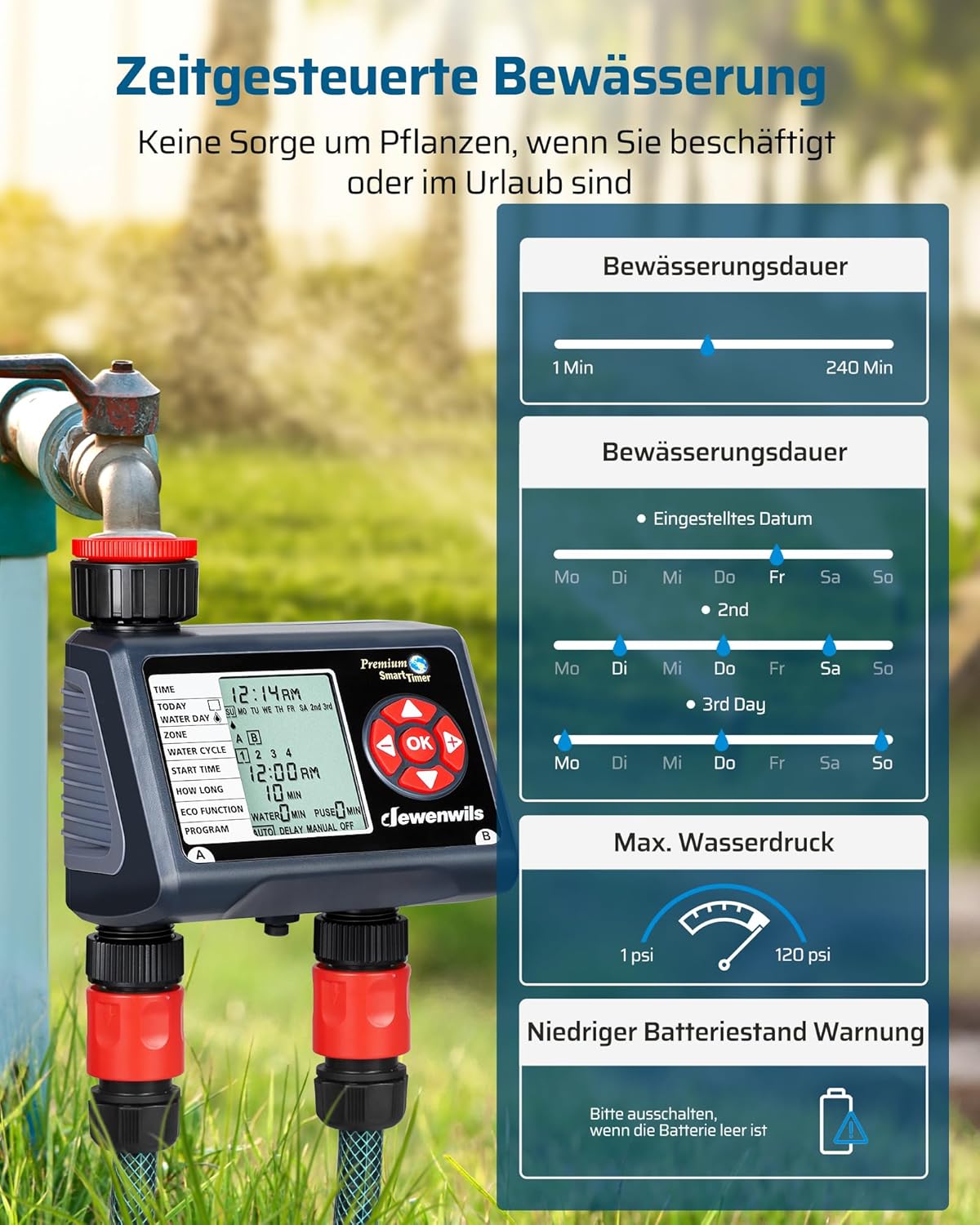 Detalle de DEWENWILS Centralina irrigazione: timer con 2 uscite indipendenti, ritardo pioggia ed ECO per giardini