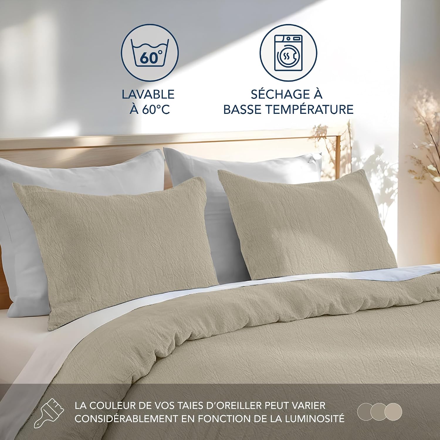Detalle de Dreamzie Taie Oreiller 40x80 Coton – Lot de 2, Beige, Oeko-Tex, Lavée au stonewash
