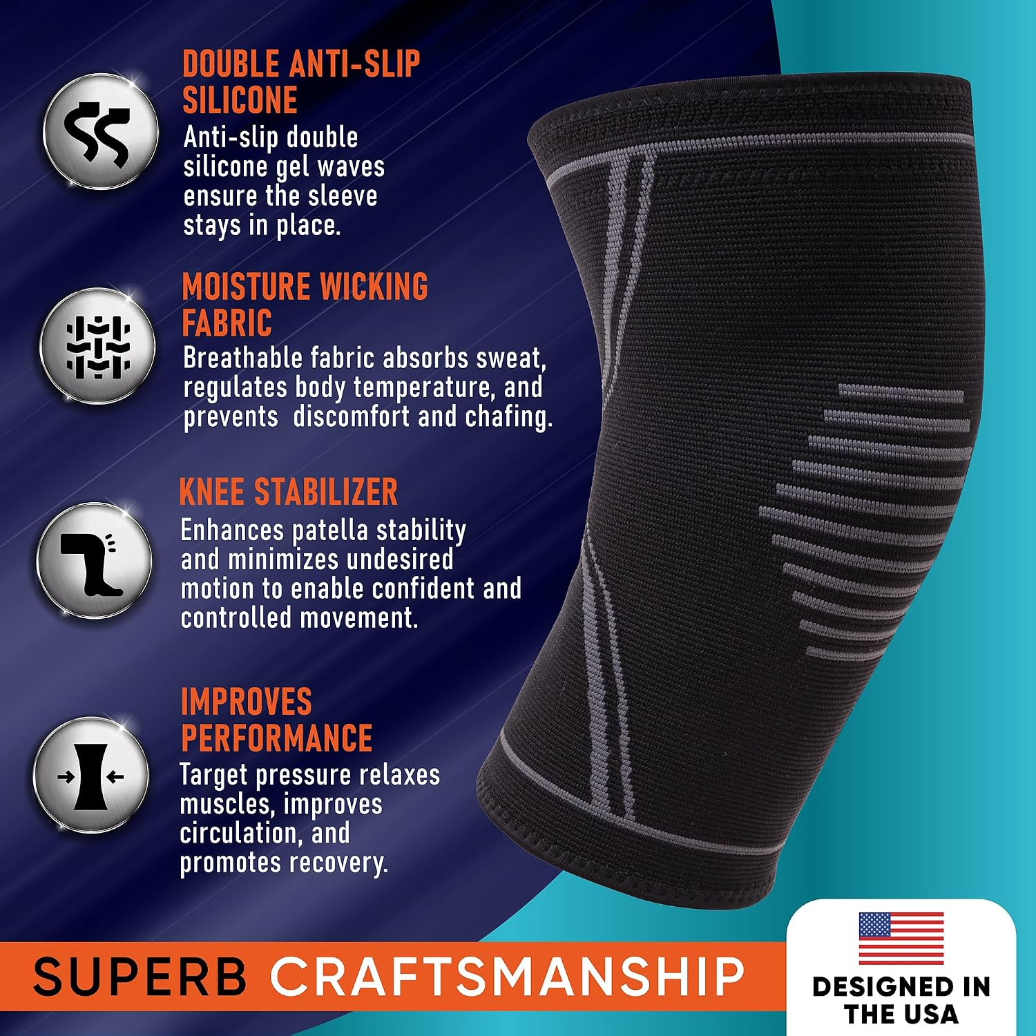 Detalle de PhysFlex Knee Compression Sleeves, Large 2-Pack, Breathable and Moisture-Wicking