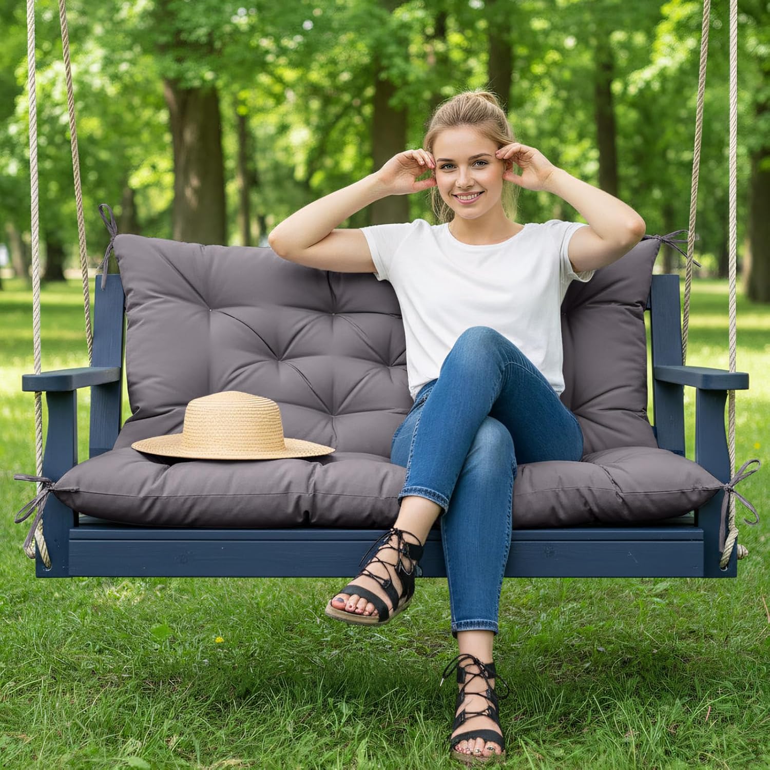 Detalle de ZxrFxr Waterproof Swing Seat Cushions: 2/3/4 Seater Thick Patio Bench Cushion (Dark Grey, 120x100cm)