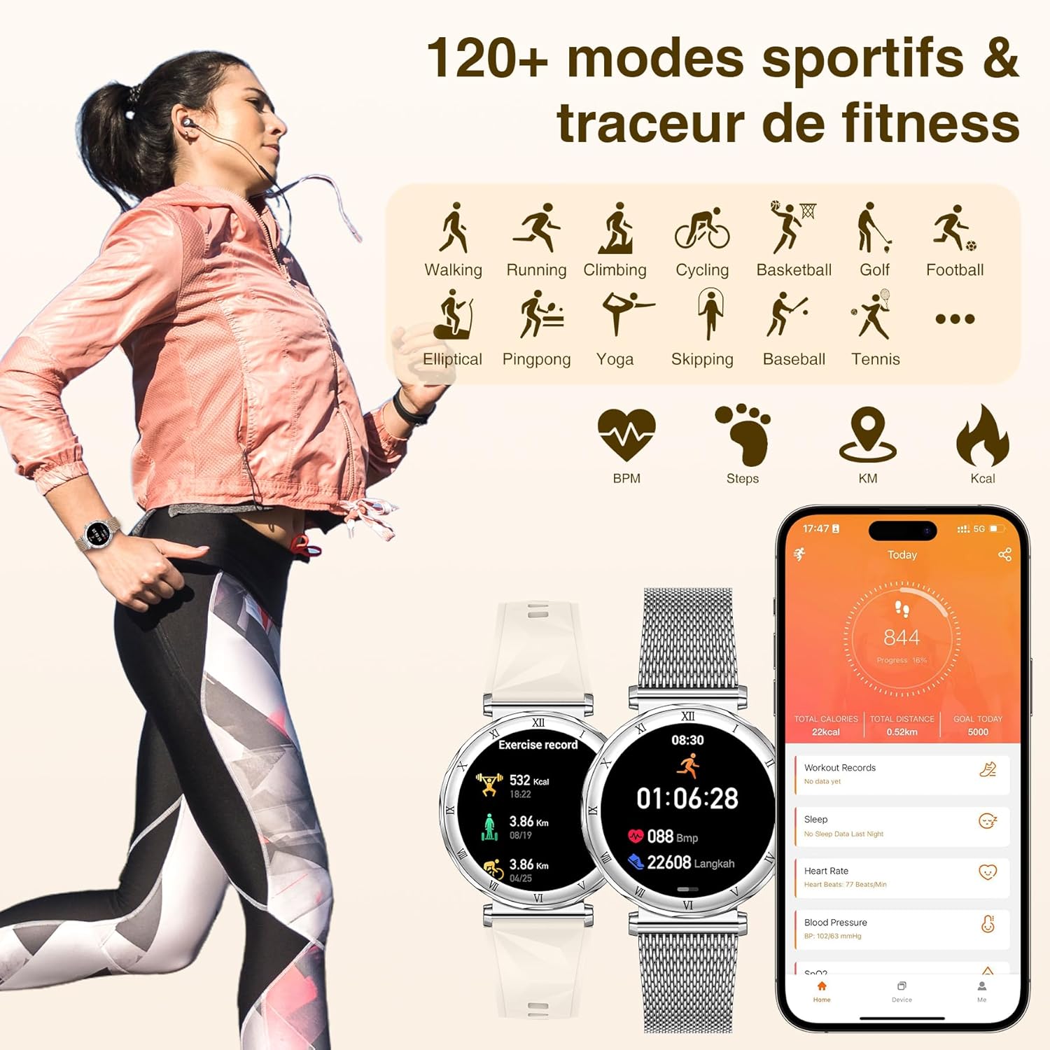 Detalle 2 de Montre connectée Femme (3 Bracelets) - Écran AMOLED 1,19'', IP68, 120+ modes sportifs