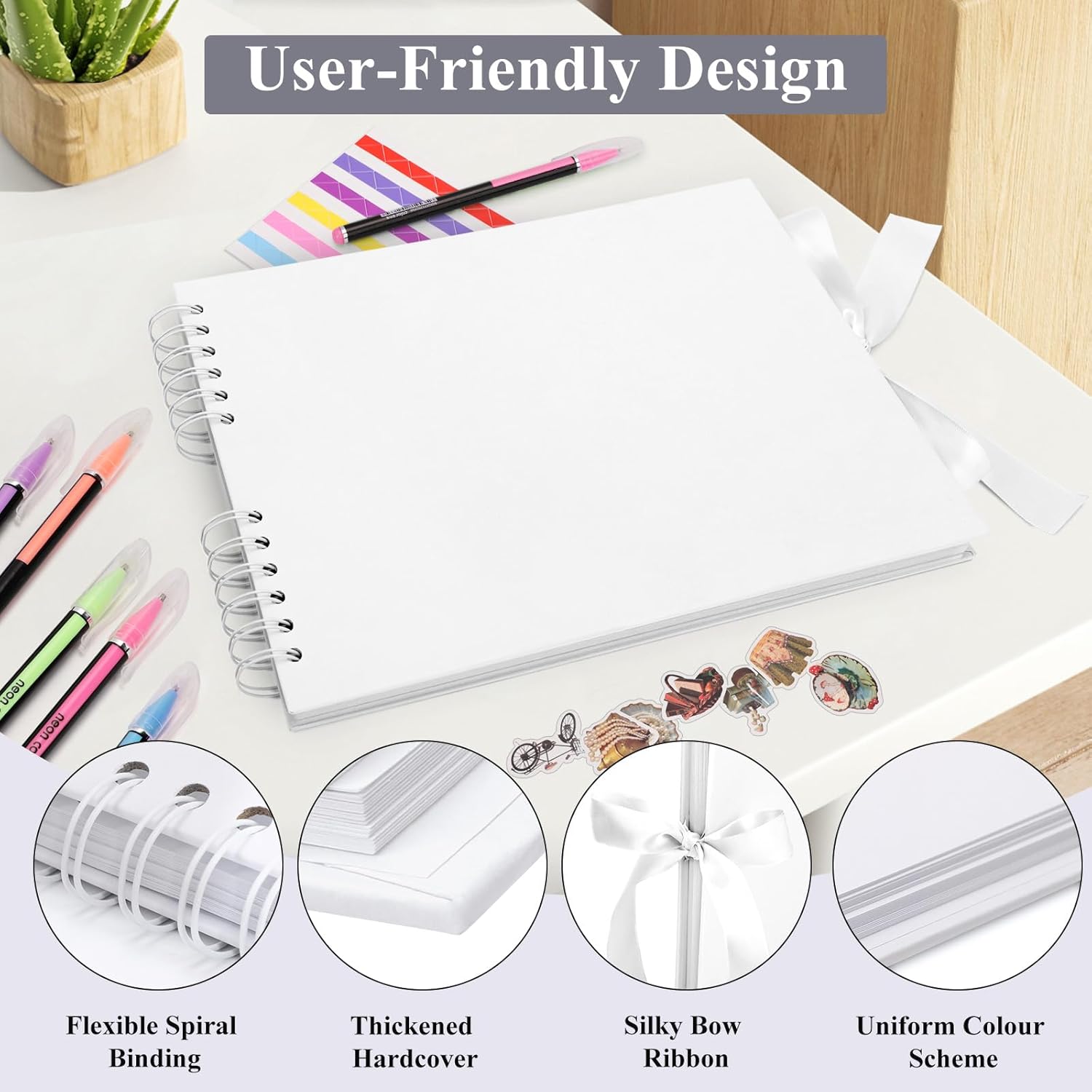 Thumbnail 3 de DazSpirit DIY Scrapbook Photo Album with Ribbon (80 Pages/40 Sheets) + 12 Markers & Stickers, White