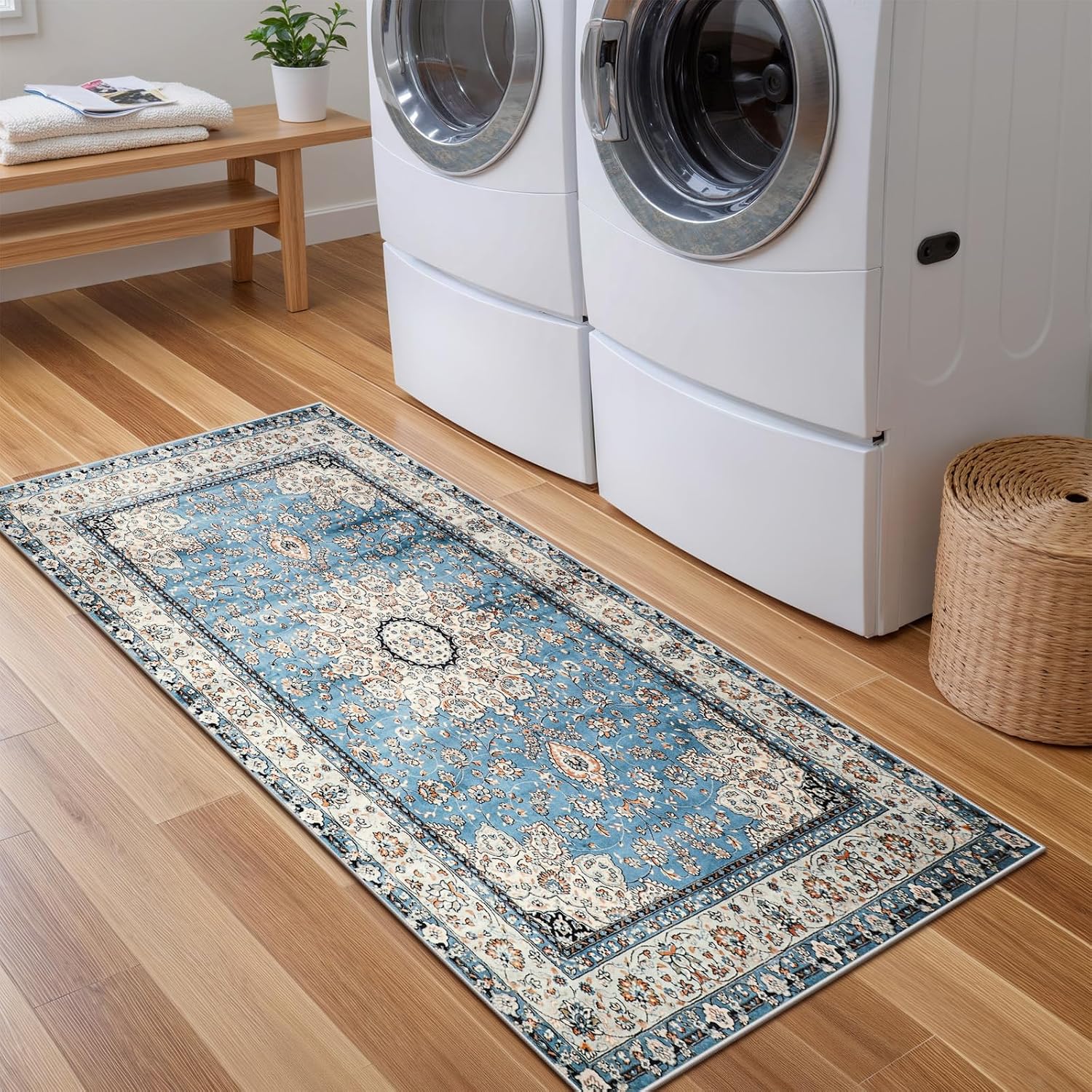 Thumbnail 6 de Lahome Felice Oriental Floral Medallion Runner Rug, Blue Low-Pile Faux Wool
