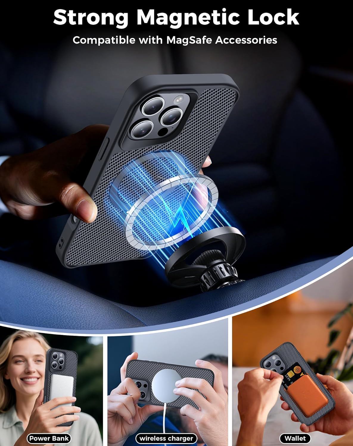 Detalle de Enlafavo 360° Magnetic Stand Case for iPhone 16 Pro Max — Carbon Fiber, 15ft Military Protection