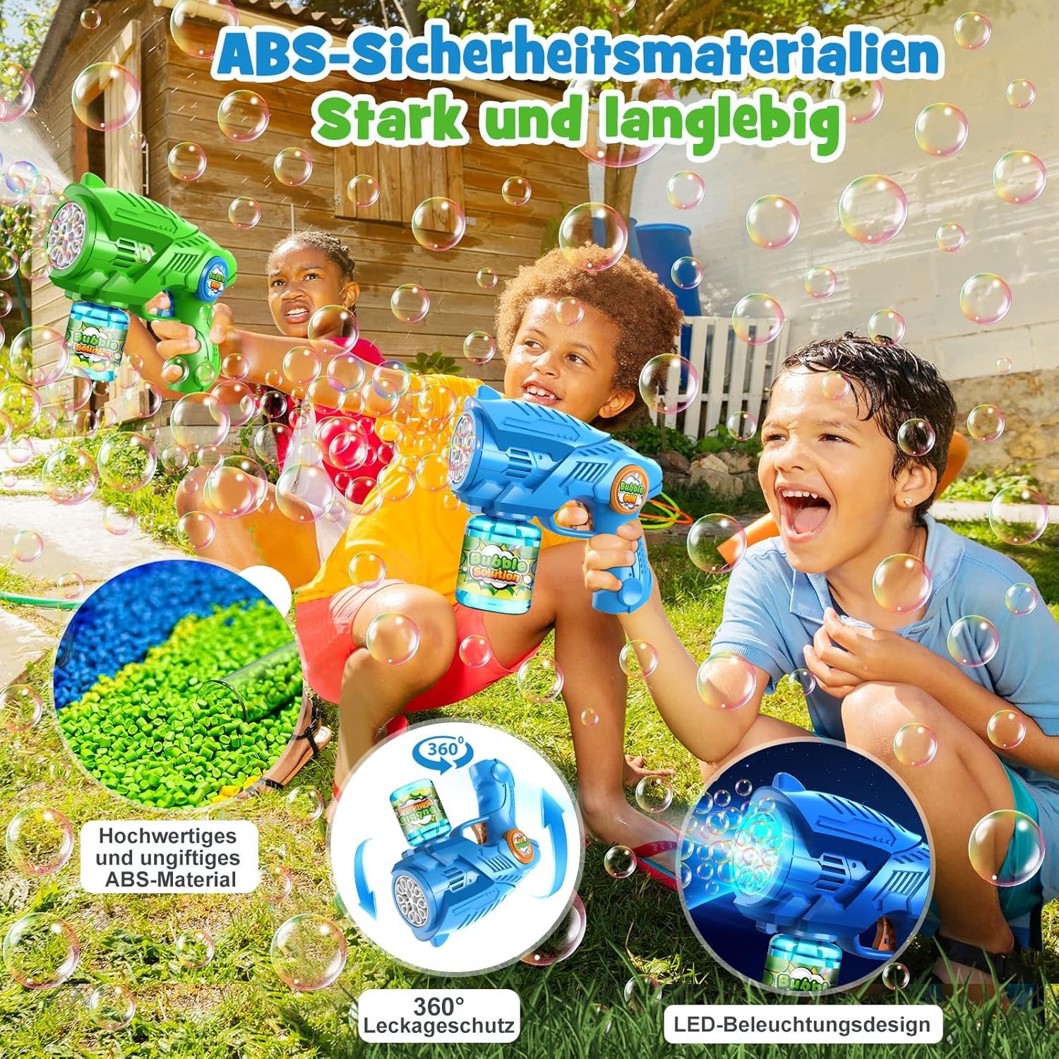 Detalle de Seifenblasenpistole & Seifenblasenmaschine 2er-Set (elektrisch, LED, automatischer Betrieb) für Kinder