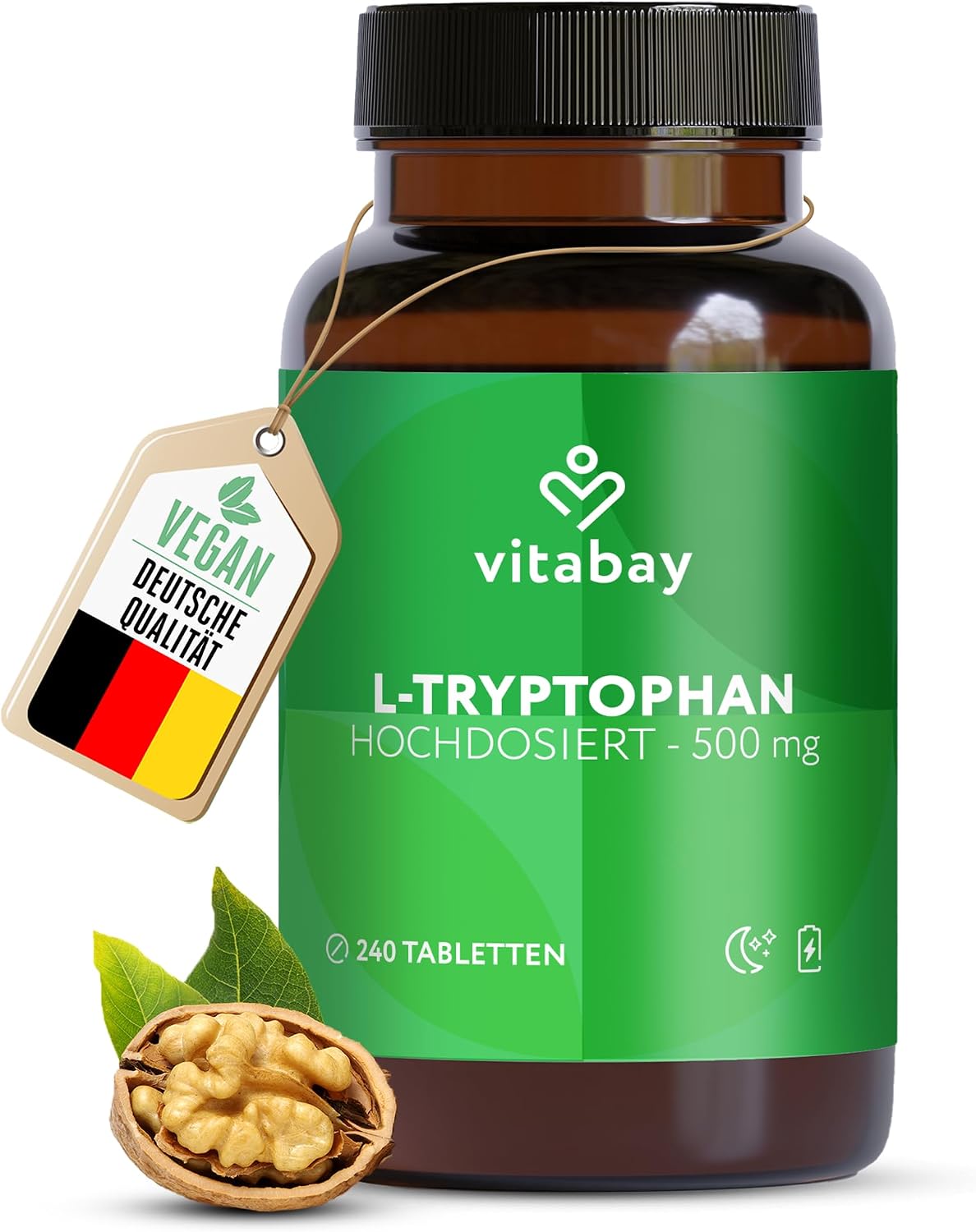 Detalle de Vitabay L Tryptophan Hochdosiert 500 mg – 240 Tabletten, vegan & laborgeprüft