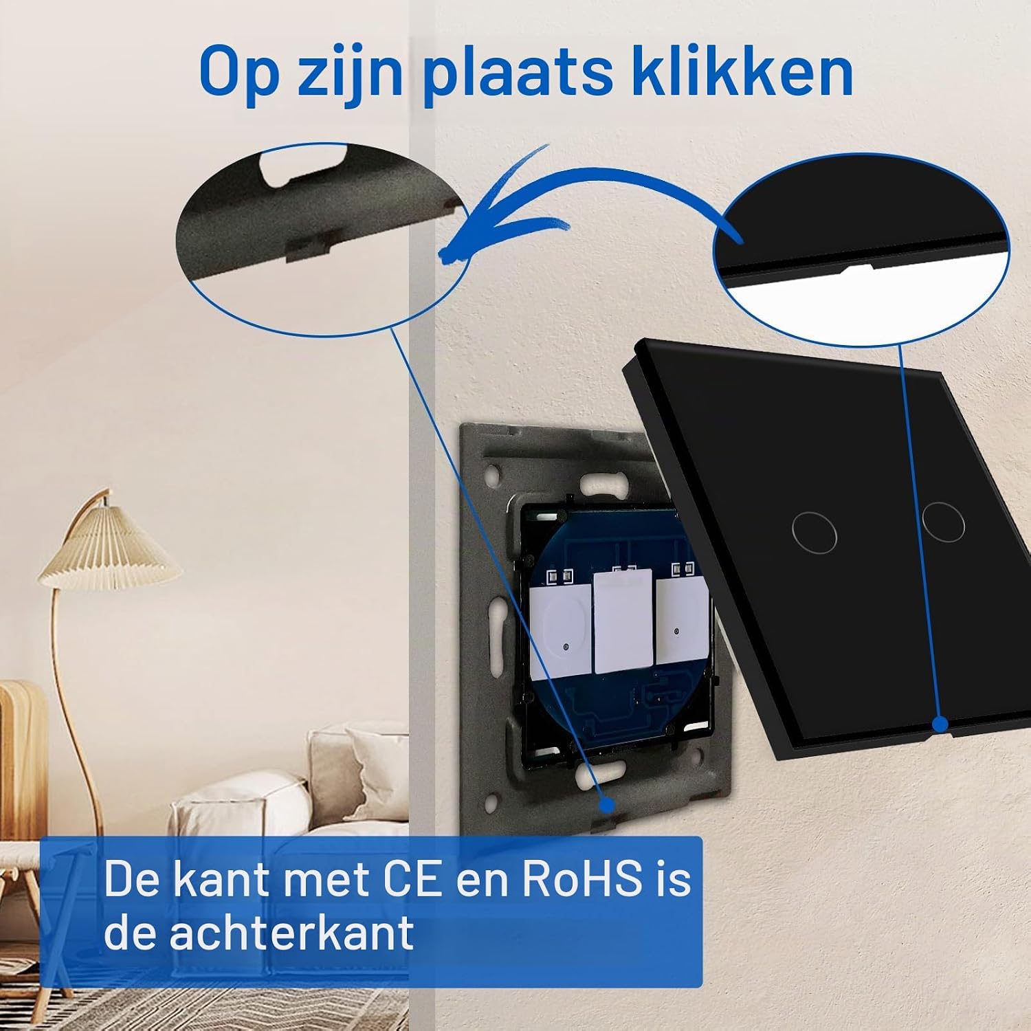 Detalle de BSEED LP-GL86TS21BEU22 touch-wandschakelaar, 2-voudig 1-weg, zwart
