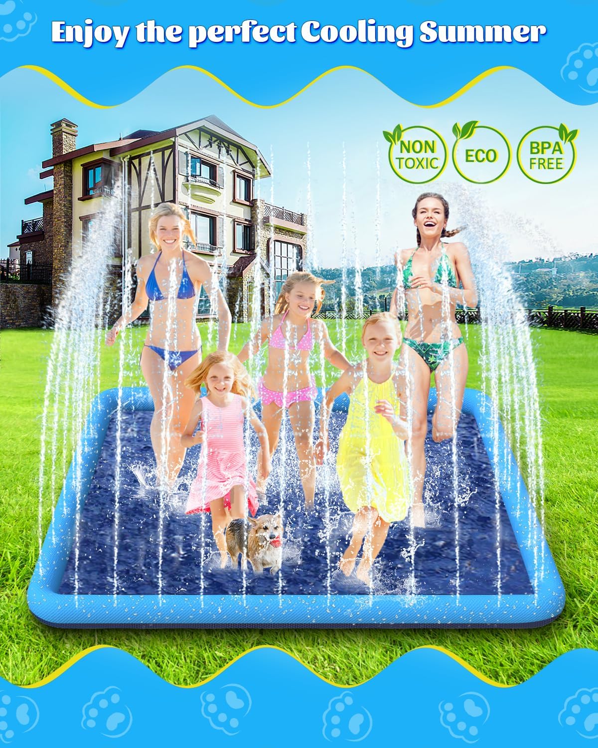 Detalle de Raxurt Splash Pad: 130" Diagonal, 98" Square Non-Slip Dog & Kids Splash Pad (Blue)