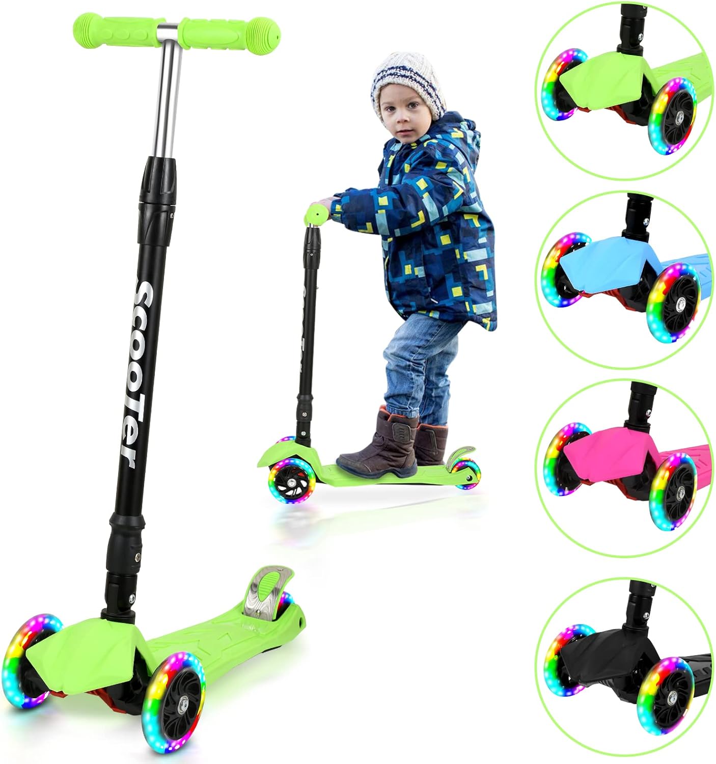 Sonnewelt monopattino pieghevole per bambini con 3 ruote LED e manubrio regolabile