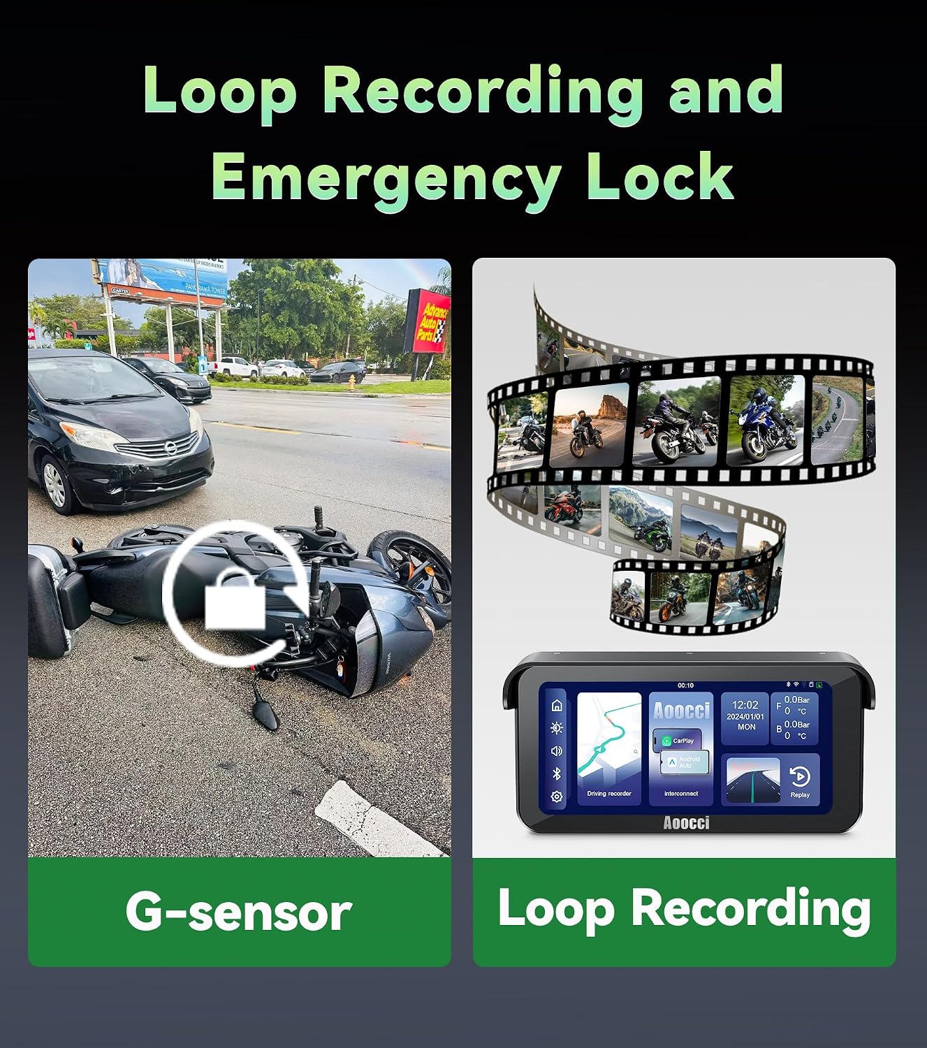 Thumbnail 4 de Aoocci C6 PRO Motorcycle Dash Cam: Front & Rear 1080P Dual Recording with CarPlay, GPS, and IP67