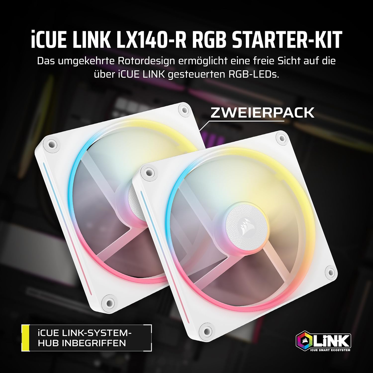 Thumbnail 1 de CORSAIR iCUE LINK LX140-R RGB 140-mm PWM-Umkehrlüfter – LX140-R RGB mit QuikTurn™-Schrauben und Null-Drehzahl-Modus (weiß)