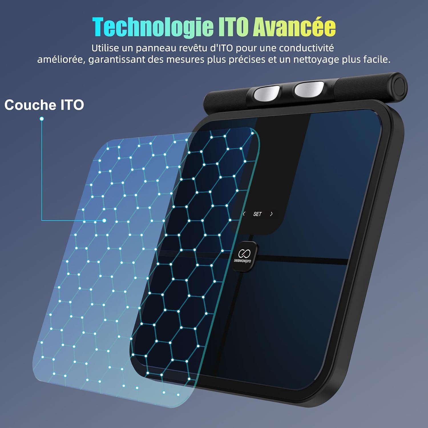 Detalle 2 de SEAWOWpro Balance Connectée – Impédancemètre à 8 Électrodes avec Écran LED et 28 Indicateurs