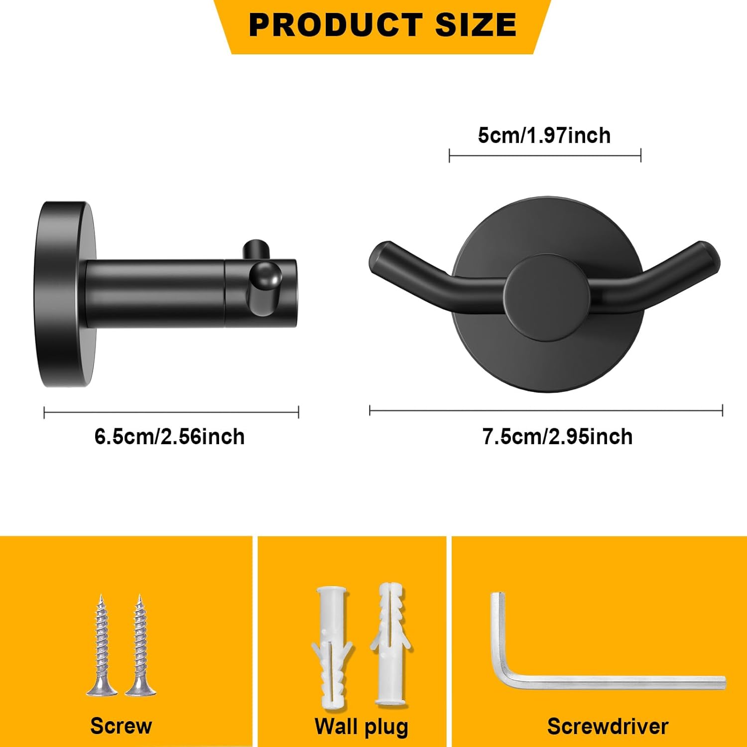 Thumbnail 1 de Yundoza Towel Hooks for Bathroom (Matte Black, 2 Pack) – Stainless Steel Screw-in Door Hooks