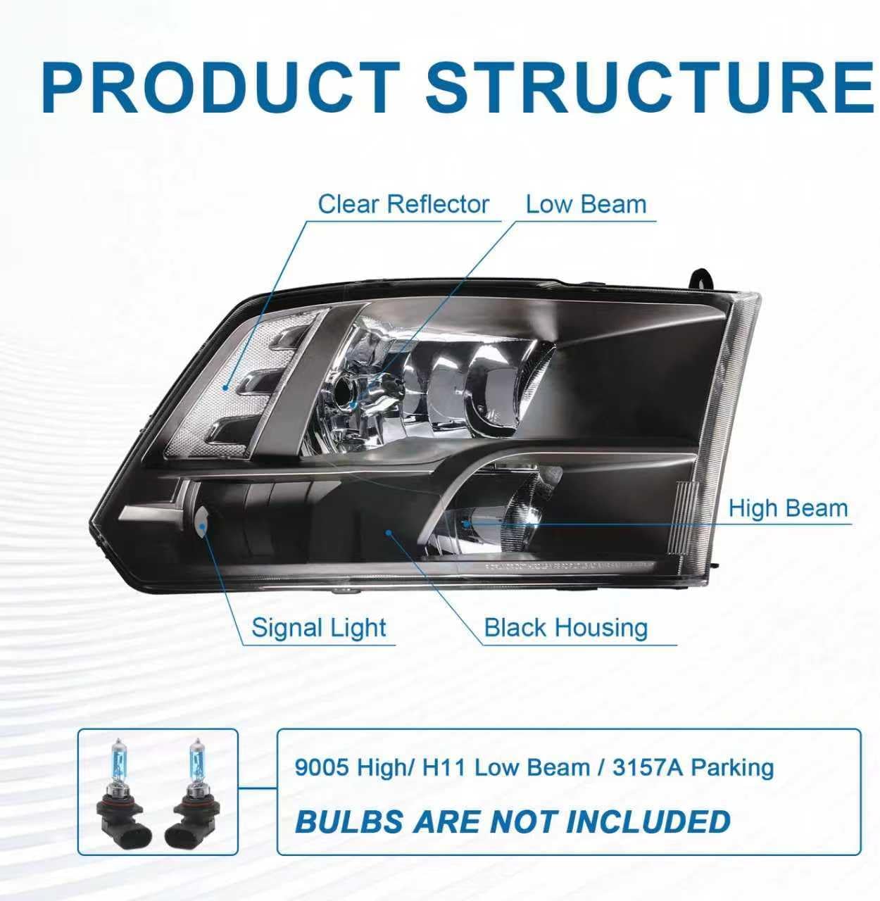 Thumbnail 2 de Fullux Headlights for 2009-2018 Dodge Ram 1500 / 2010-2018 Ram 2500-5500 Quad Style Halogen – Black Housing, Clear Reflector