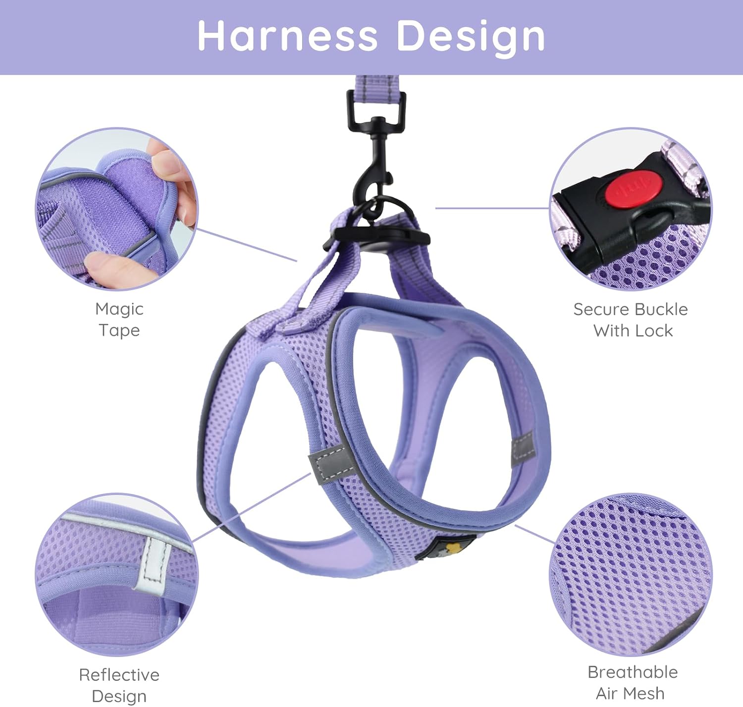 Detalle de BELLA & PAL Step-in Dog Harness and Leash Set (XXS, Purple) for Puppies and Extra Small Dogs