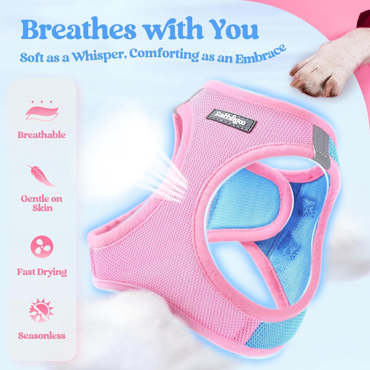 Detalle de rabbitgoo MJGBDTZCG-SPKSBCS-DADE Small Step-In Dog Harness and Leash Set, Reflective Mesh, Blue & Light Pink