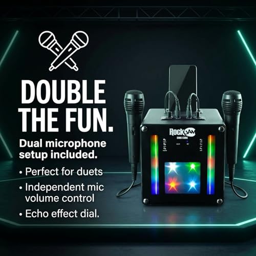 Detalle de RockJam singcube: Máquina de Karaoke Bluetooth con 2 micrófonos y luces LED