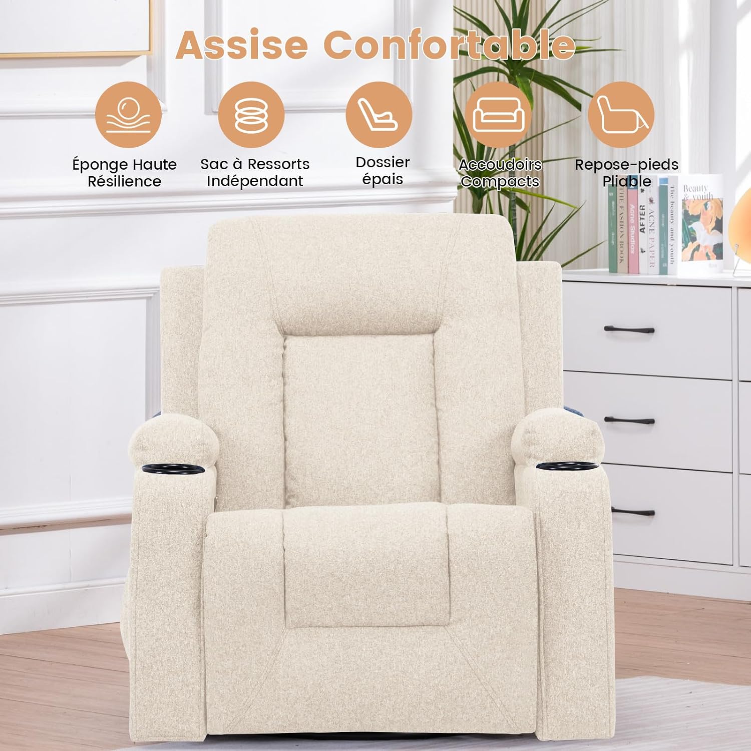 Thumbnail 4 de COMHOMA Fauteuil Relaxation en Tissu avec Inclinaison et Pivot 360° — Beige