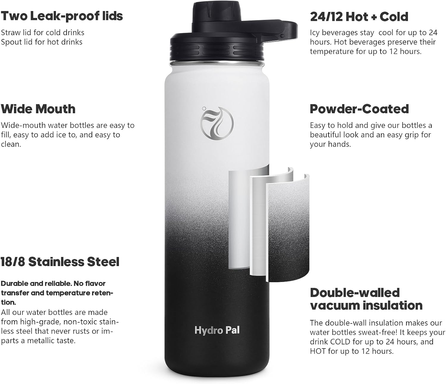 Thumbnail 1 de HydroPal Vacuum Insulated Water Bottle (Multiple Sizes) with 2 Lids