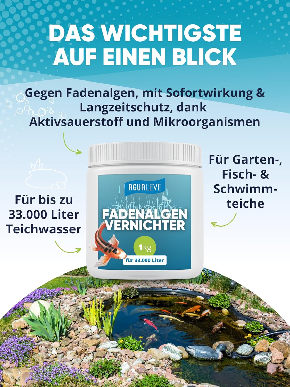 Thumbnail 1 de AGUALEVE® Fadenalgenvernichter 1 kg mit Aktivsauerstoff-2.0-Formel für bis zu 33.000 l Teichwasser