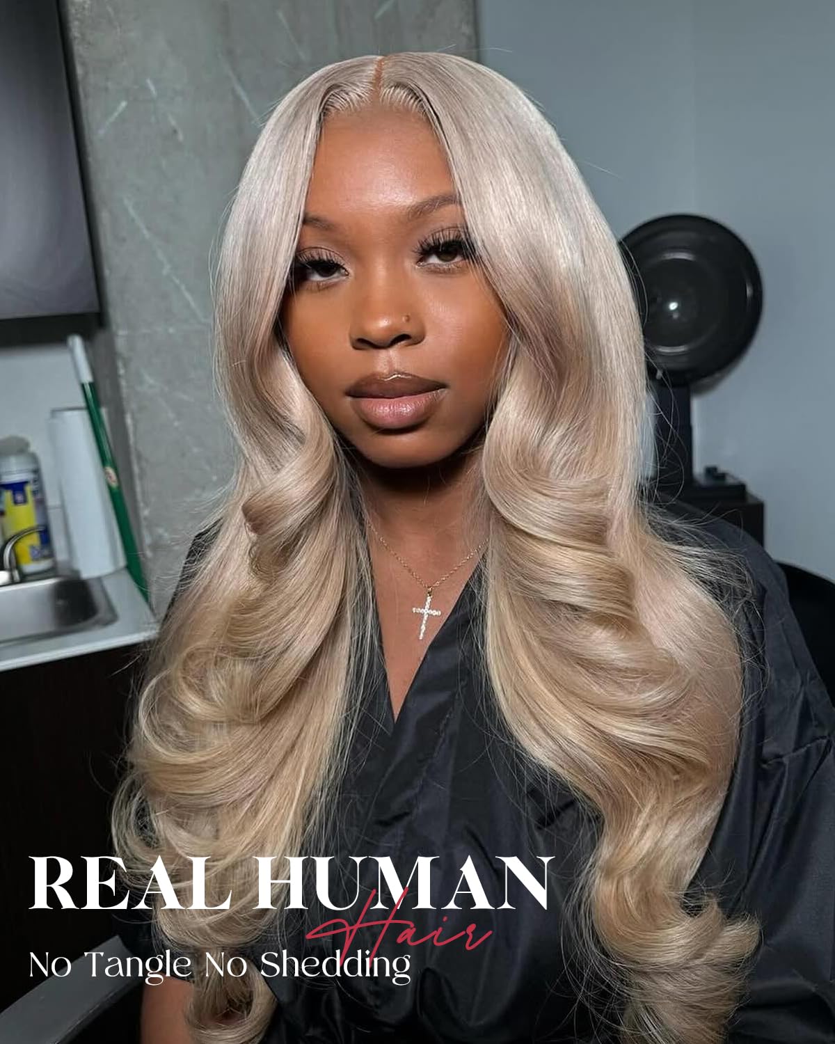 Detalle de Alididi Ash Blonde Human Hair Wig (200% Density) 13x6 Body Wave HD Lace Front, Milk Tea Ash Blonde, 30 inch