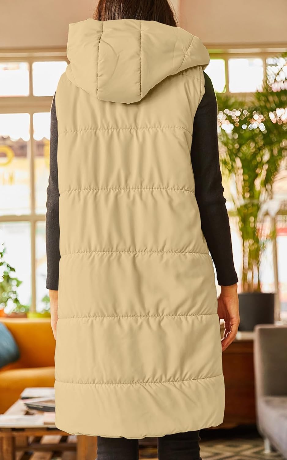 Detalle de Grlasen Women's Long Quilted Puffer Vest with Hood, Pockets and Drawstring